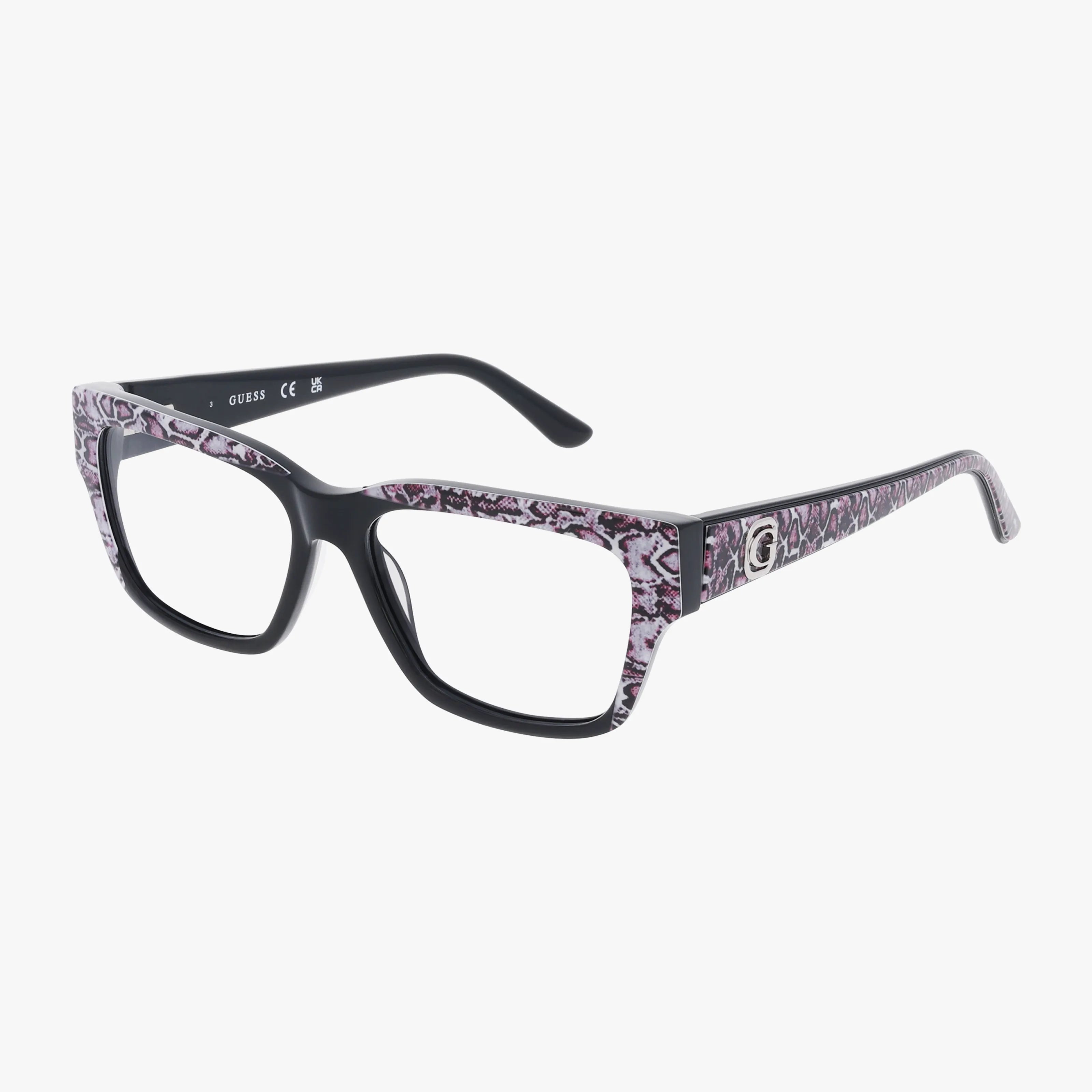 The GU50126/V features a rectangular black front with purple snakeskin-patterned arms and metallic G logos on the temples. This lightweight frame is ideal for everyday wear and shown against a white background.
