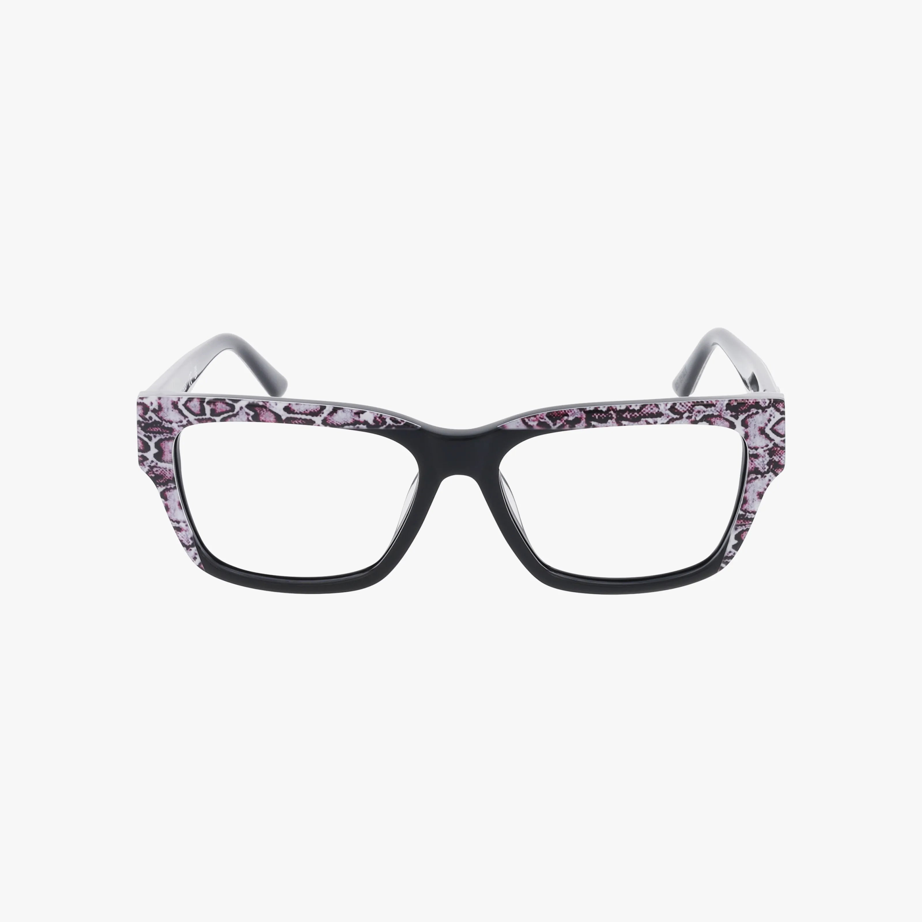 The GU50126/V eyeglasses feature a lightweight rectangular frame with a black front and purple snakeskin-patterned sides, ideal for everyday wear, shown on a white background.
