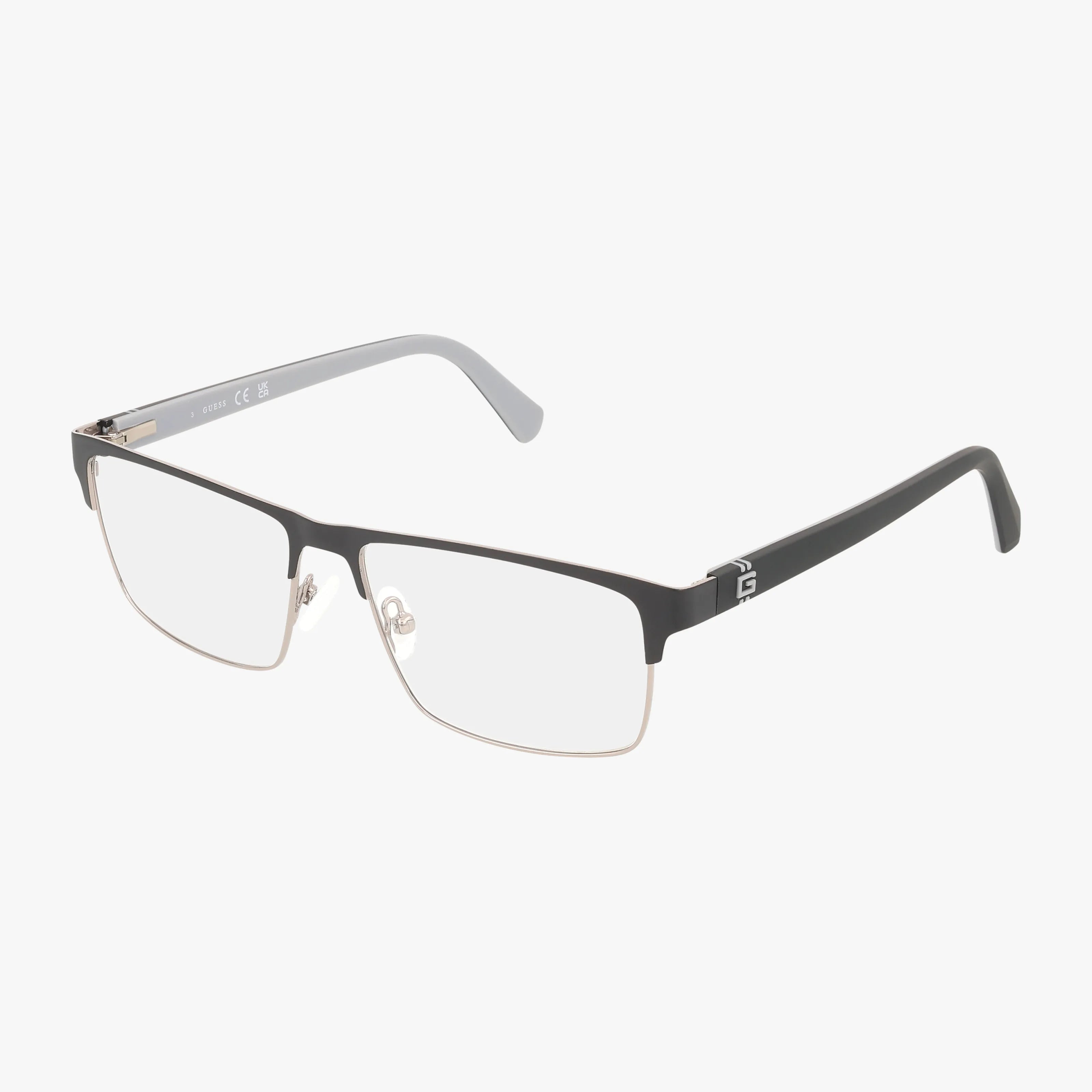 The GU50131/V eyeglasses feature black rectangular frames with thin metal, clear lenses, adjustable nose pads, and straight arms for style and function, shown on a white background.