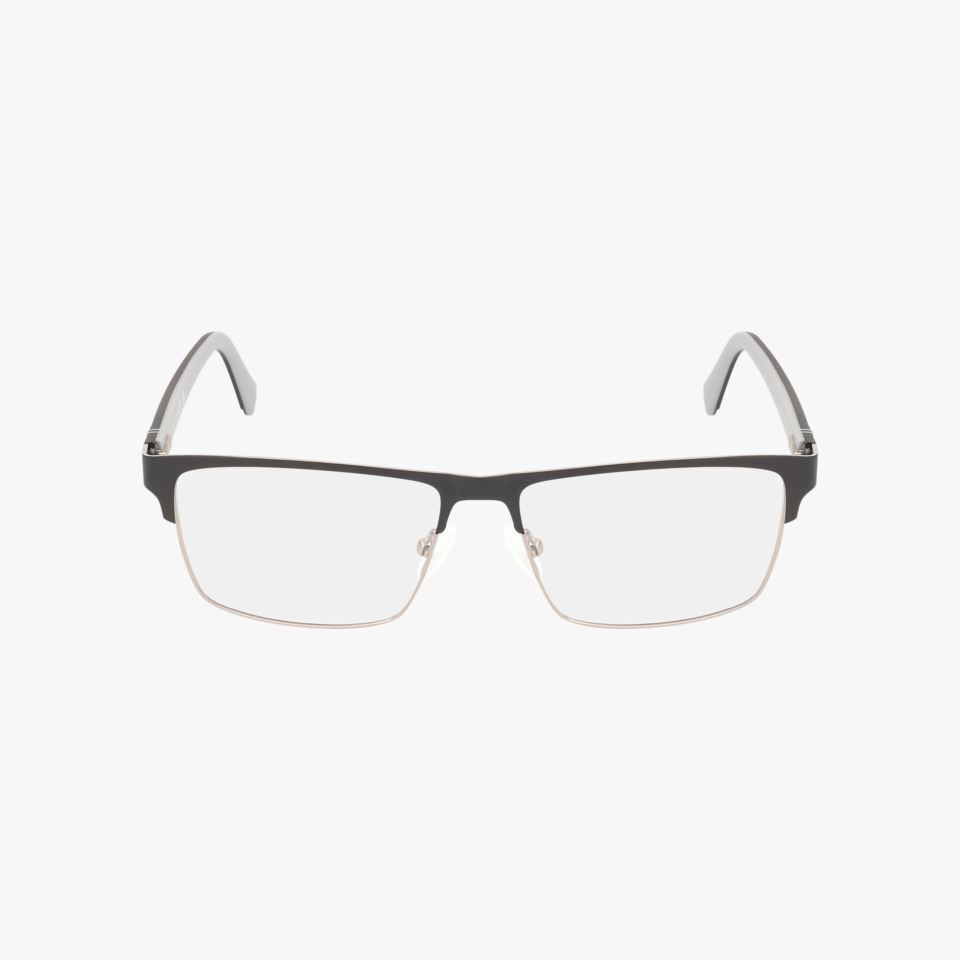 GU50131/V eyeglasses feature a black upper frame, thin metal lower rims, and functional design. The black temples have clear ends, ideal for progressive lenses. Stylish rectangular shape shown on a plain white background.