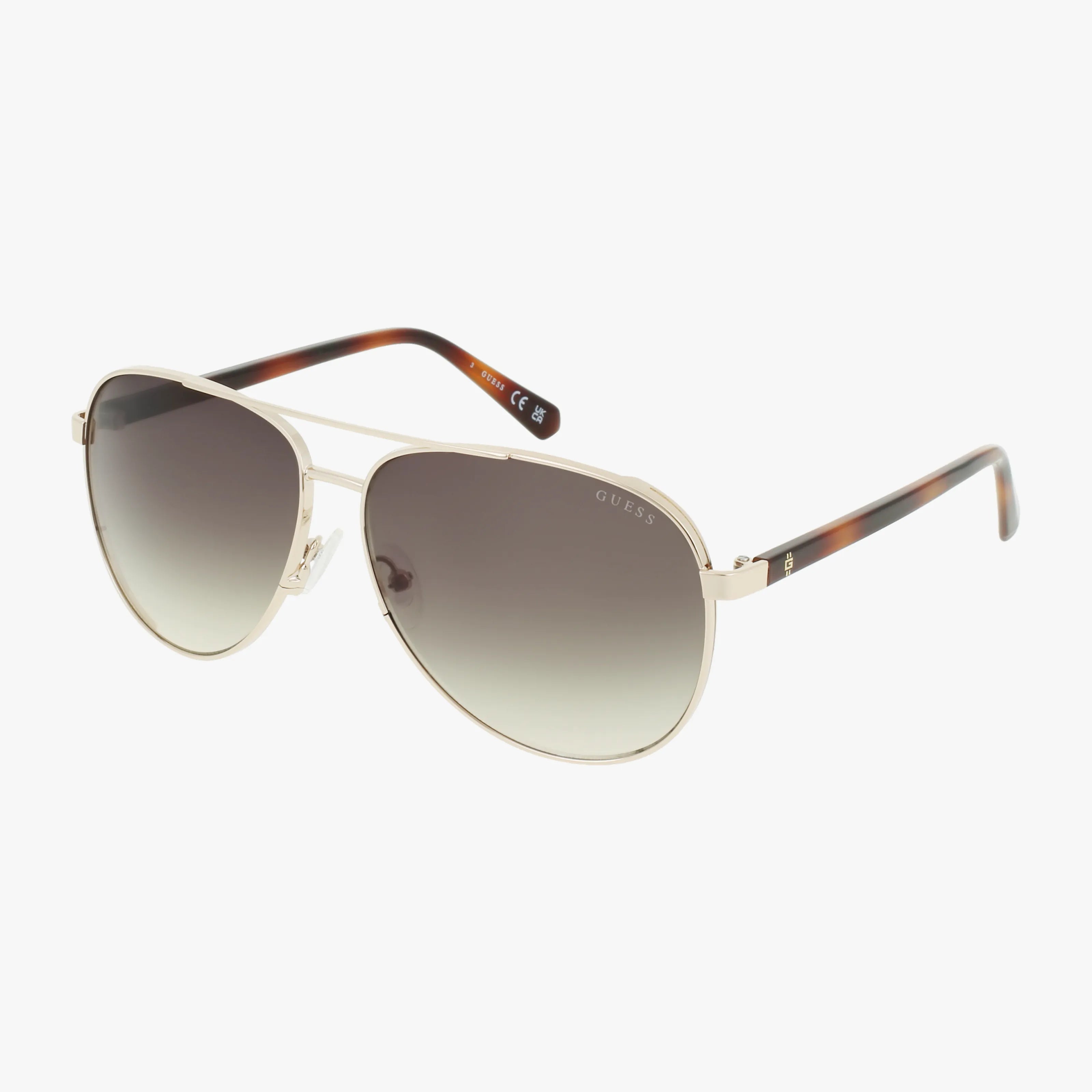 The GU00140 aviator sunglasses feature a lightweight gold metal frame, gradient dark-to-light lenses, and brown tortoiseshell arms—ideal for modern eyewear enthusiasts. Displayed against a white background.