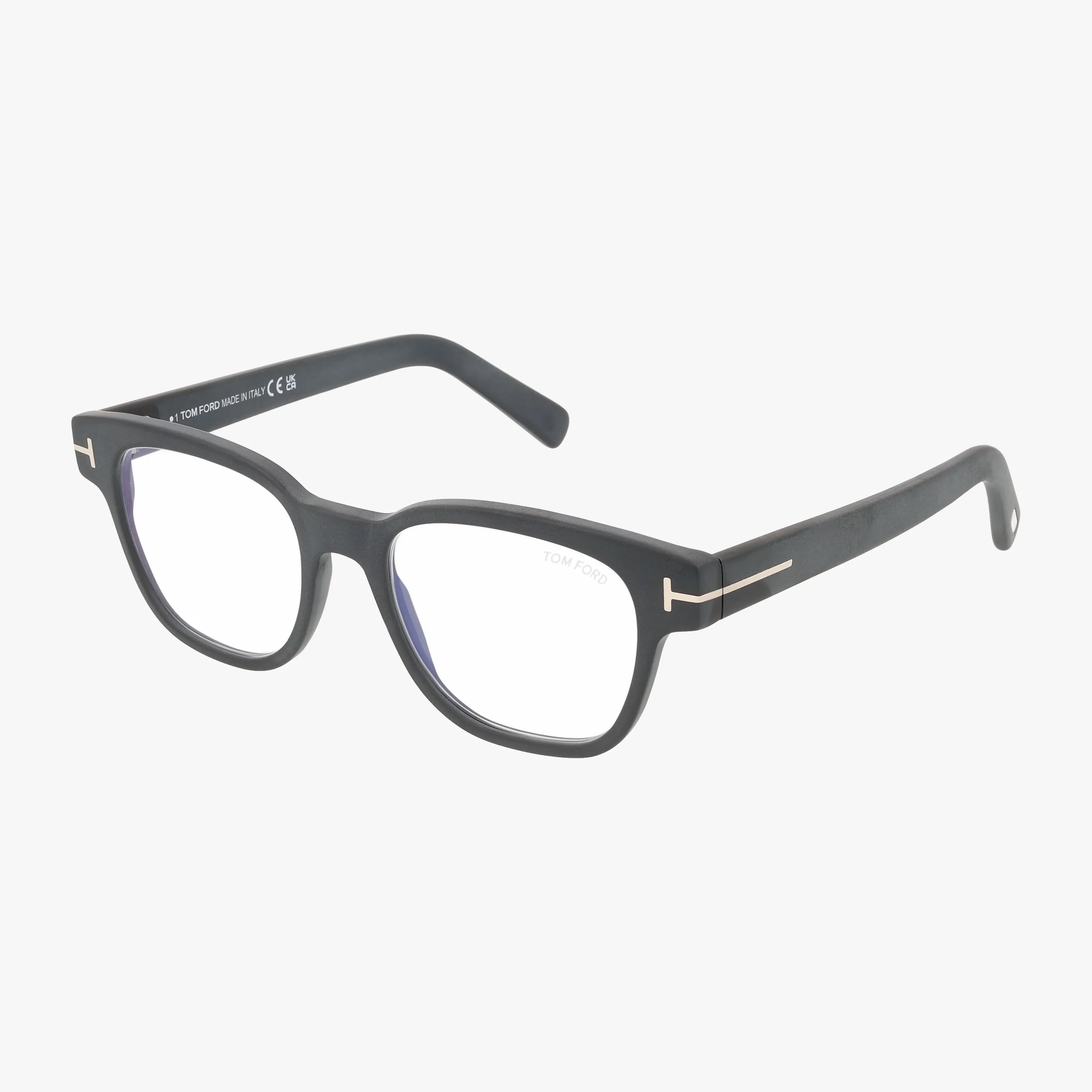 FT5977-B black rectangular eyeglasses with durable frames and clear lenses, featuring silver detailing on the temples and a subtle T logo near the hinges, photographed on a white background.