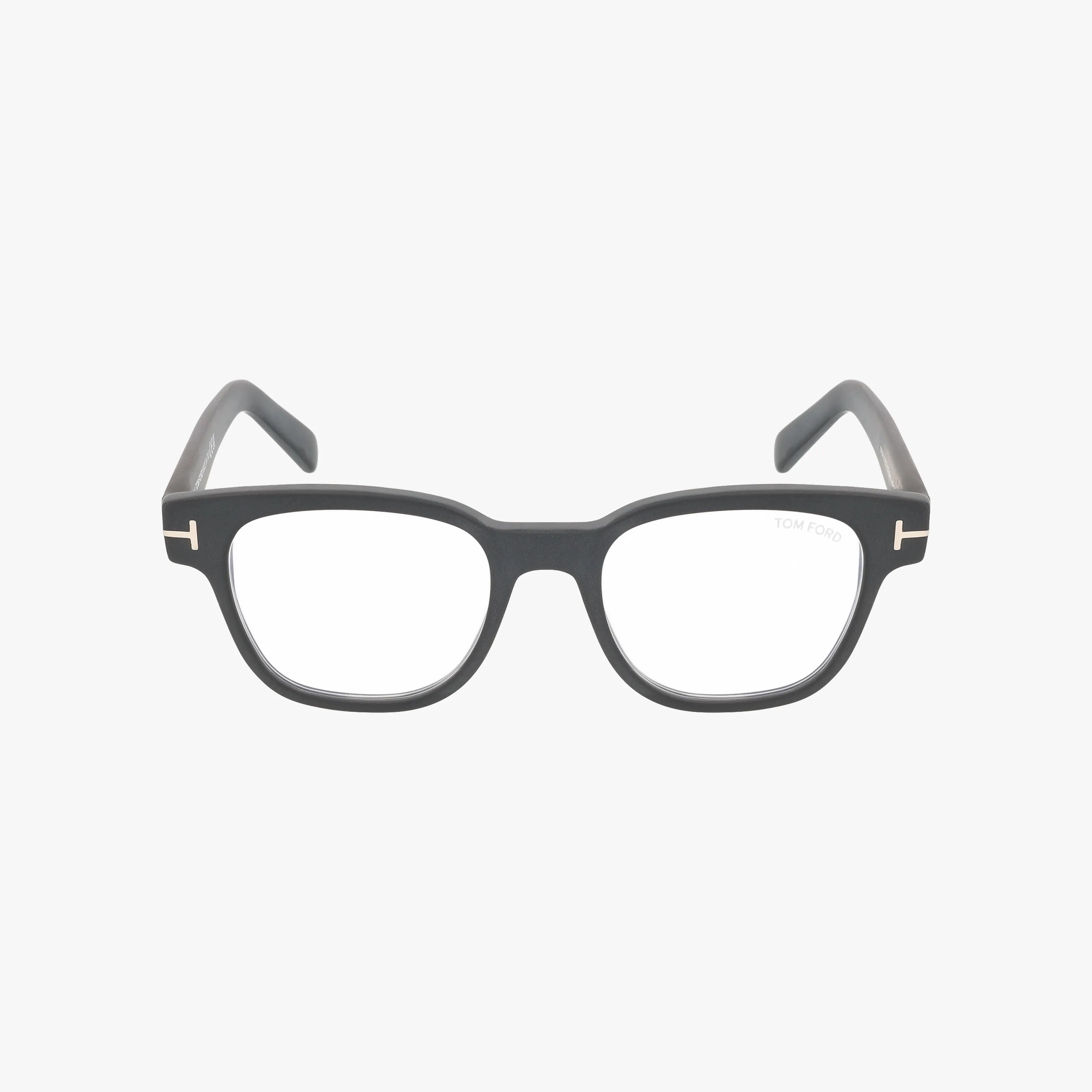 The FT5977-B eyeglasses feature a black rectangular frame with clear prescription lenses and subtle metallic accents on the temples, displayed on a white background.