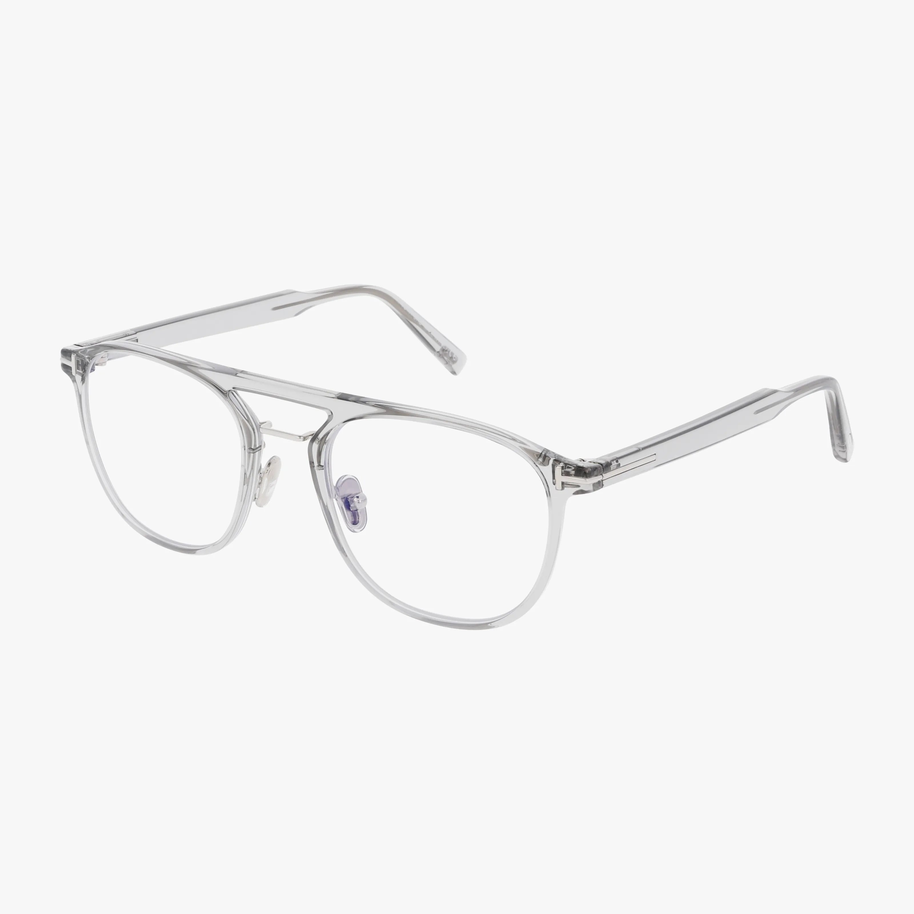 The FT5982-B features clear, transparent round lenses, metal nose pads, and a modern frame with gently curved temples—ideal for daily wear. Shown against a white background.