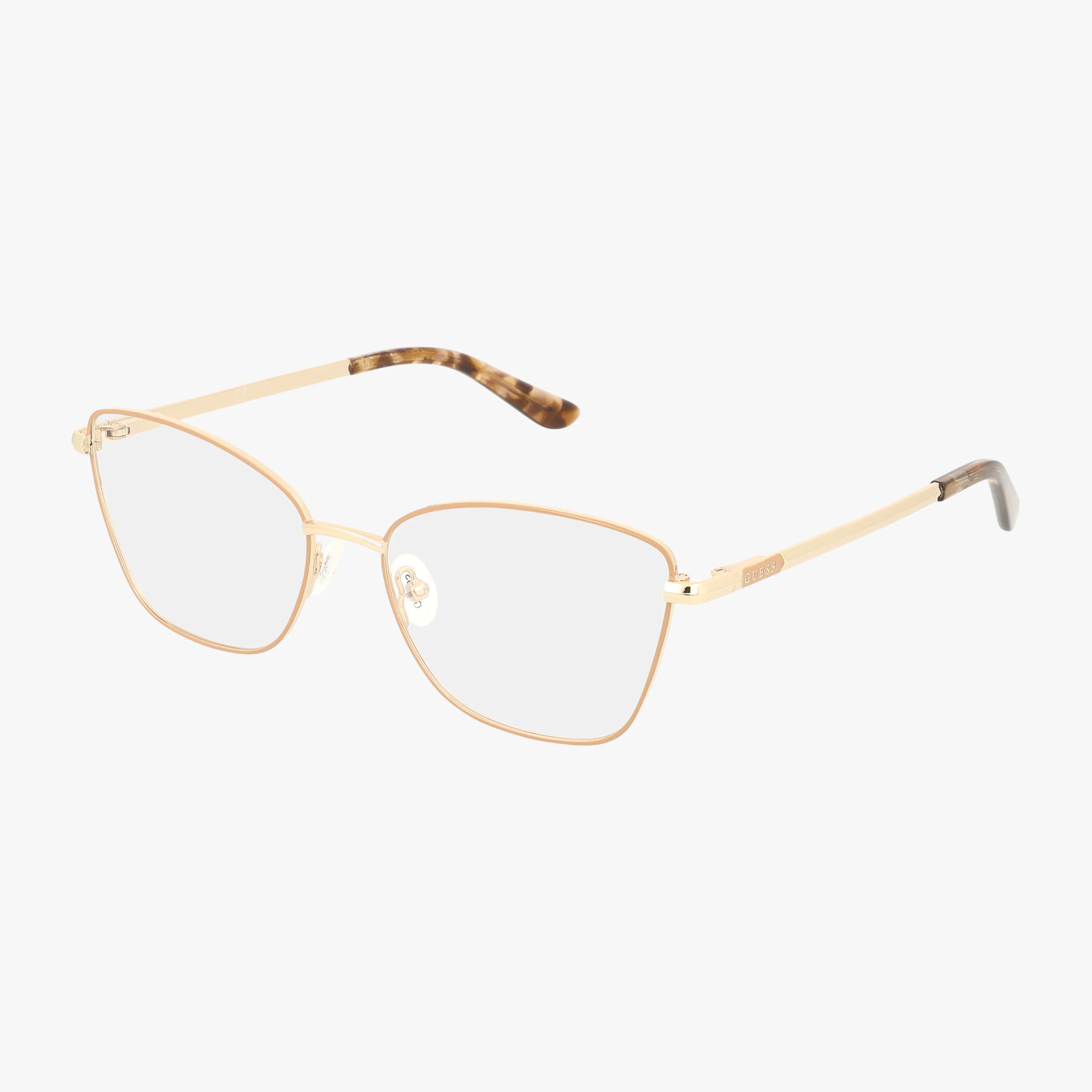 The GU50163 eyeglasses feature a modern gold metal frame with a thin, geometric design and subtle tortoiseshell tips on the temples. Durable and stylish, these are available with clear or prescription lenses. Plain white background.