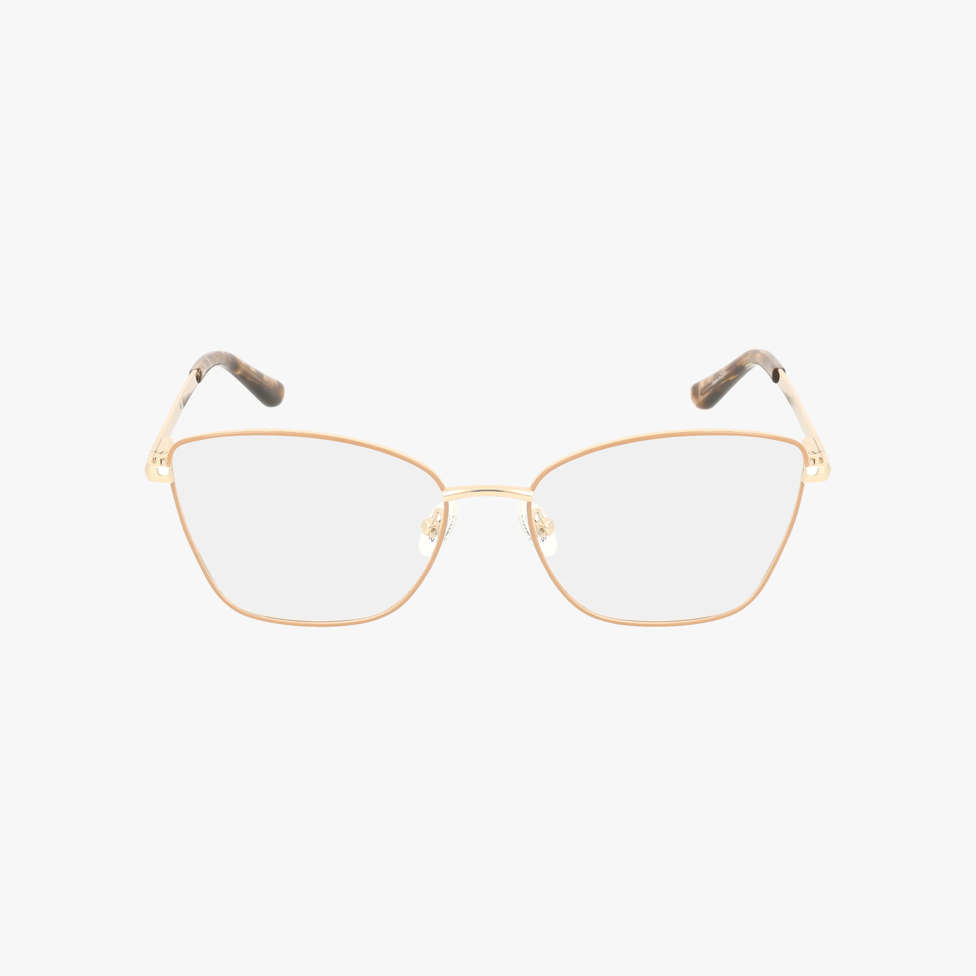 The GU50163 eyeglasses feature thin gold metal frames with slightly rounded rectangular prescription lenses and dark, curved plastic temple tips. Set against a plain white background, these modern frames stand out.