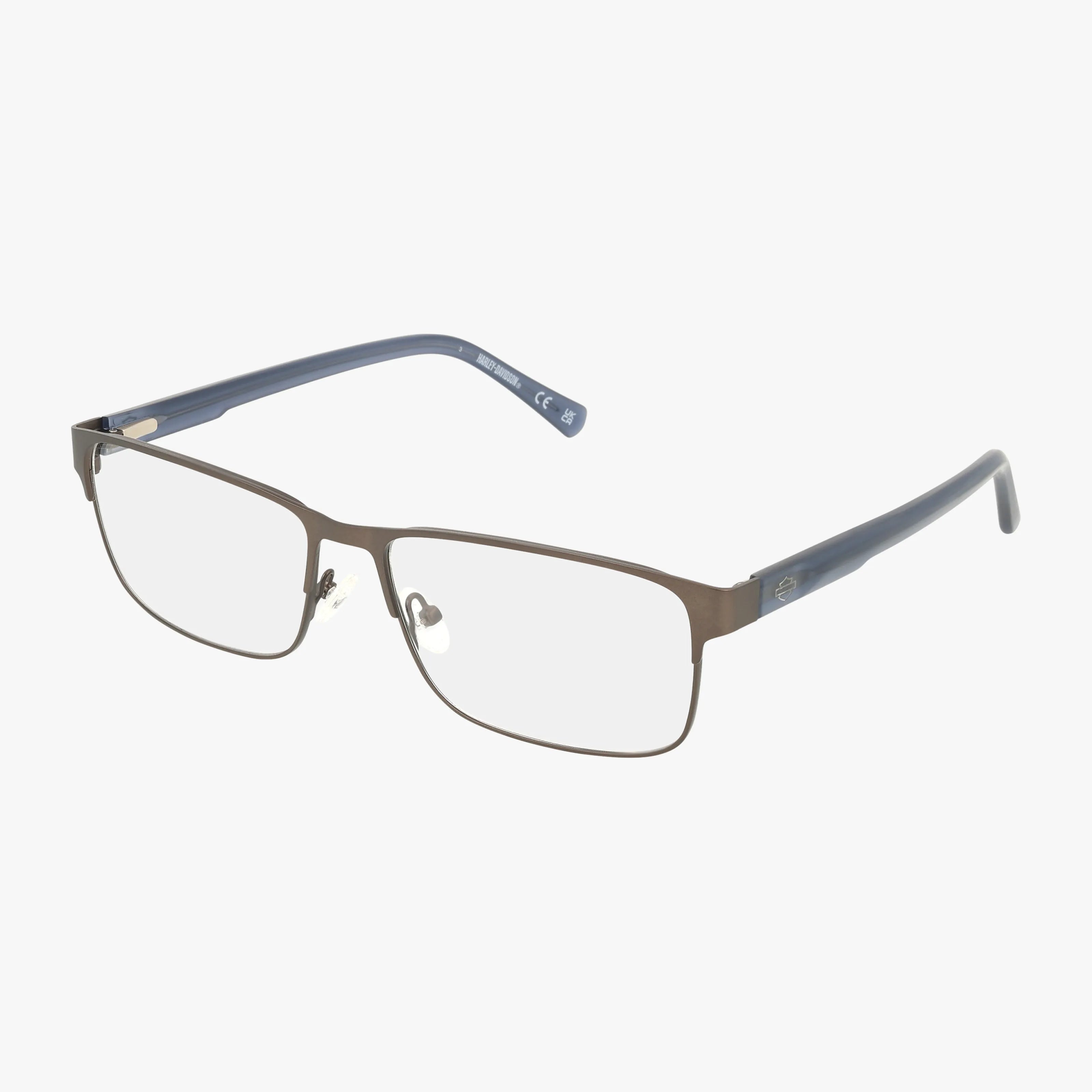 Rectangular HD50062 eyeglasses feature a tailored frame with thin brown metal fronts and blue plastic arms, shown on a white background—ideal for anyone searching for modern eyewear online.