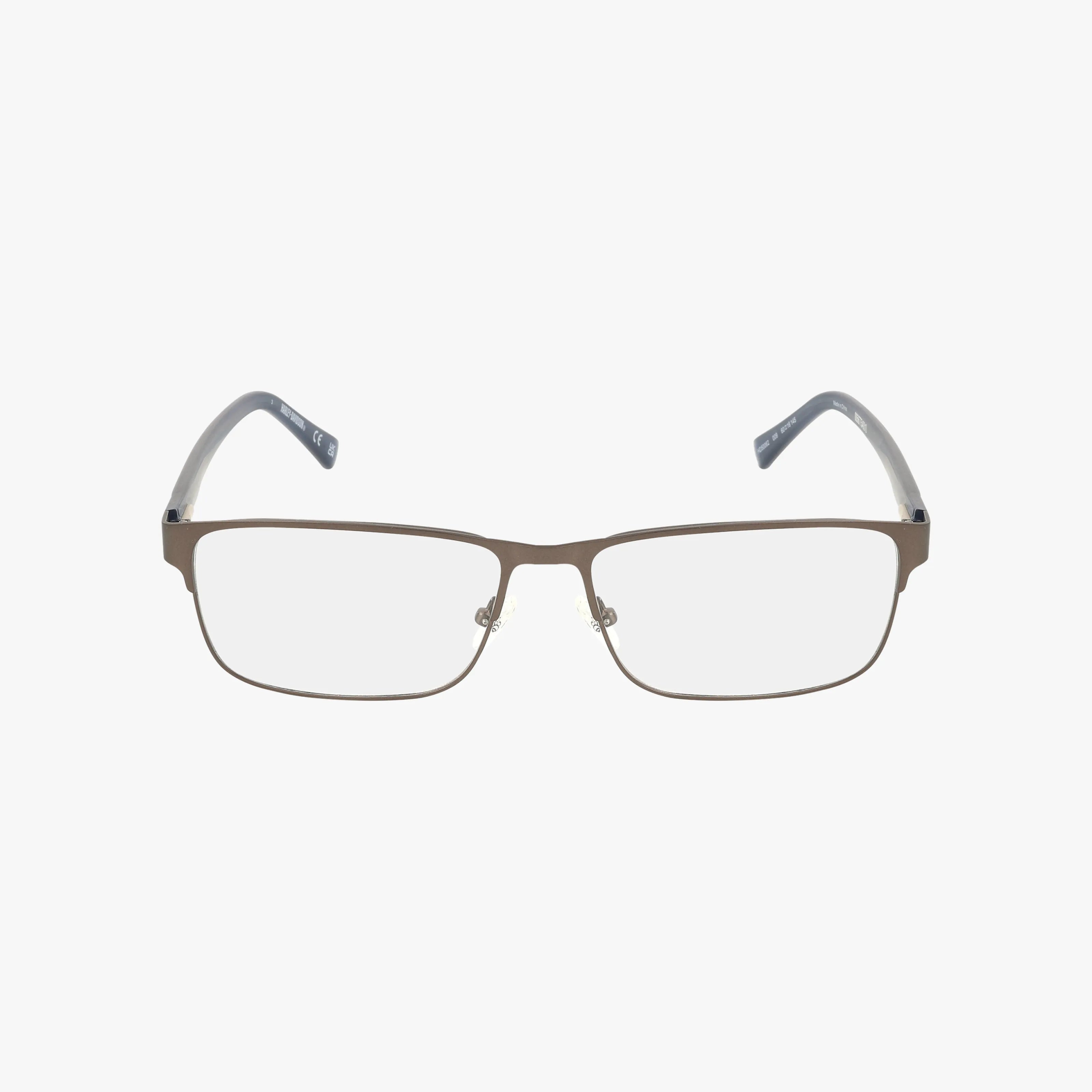 The HD50062 is a pair of rectangular eyeglasses with thin brown metal frames, clear lenses, and gray temples with dark tips, designed for a sleek modern look. Shown on a white background.
