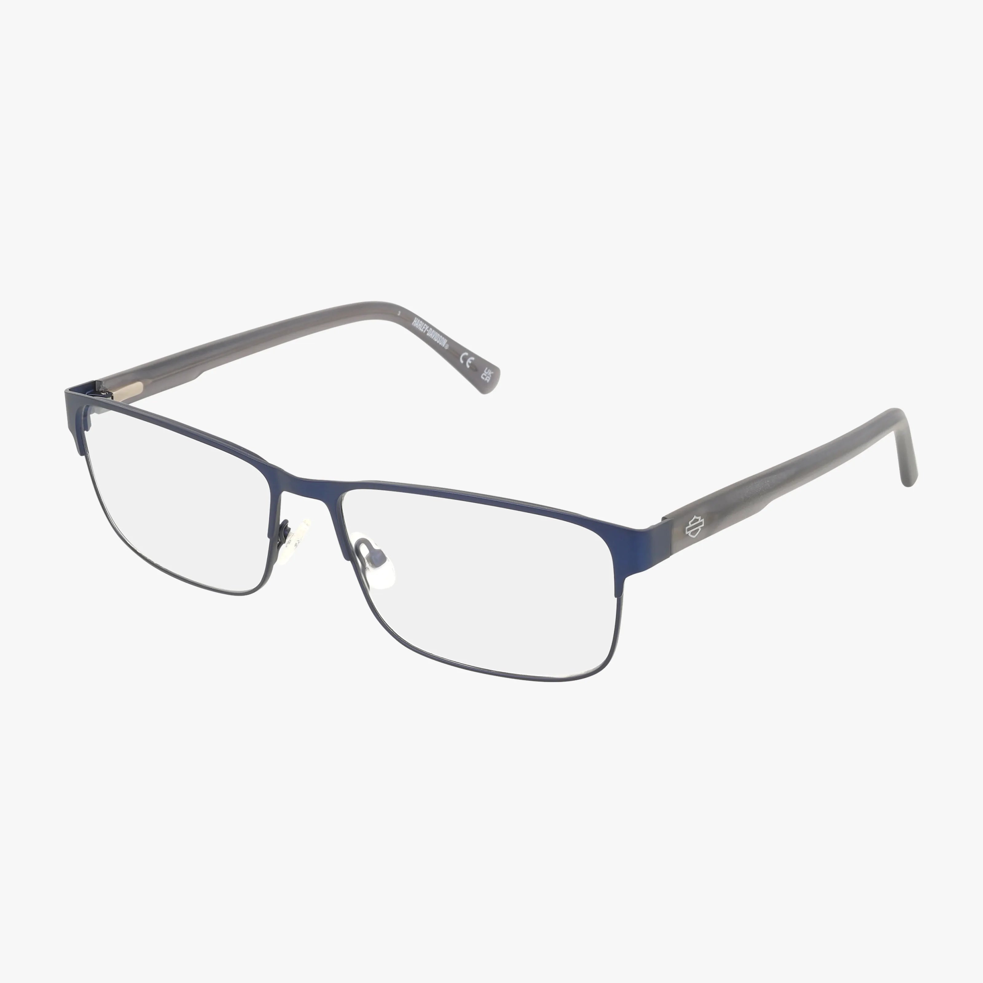 The HD50062 features rectangular eyeglasses with thin, dark blue metal frames and black arms, displayed on a white background—ideal for anyone seeking modern, tailored eyewear.