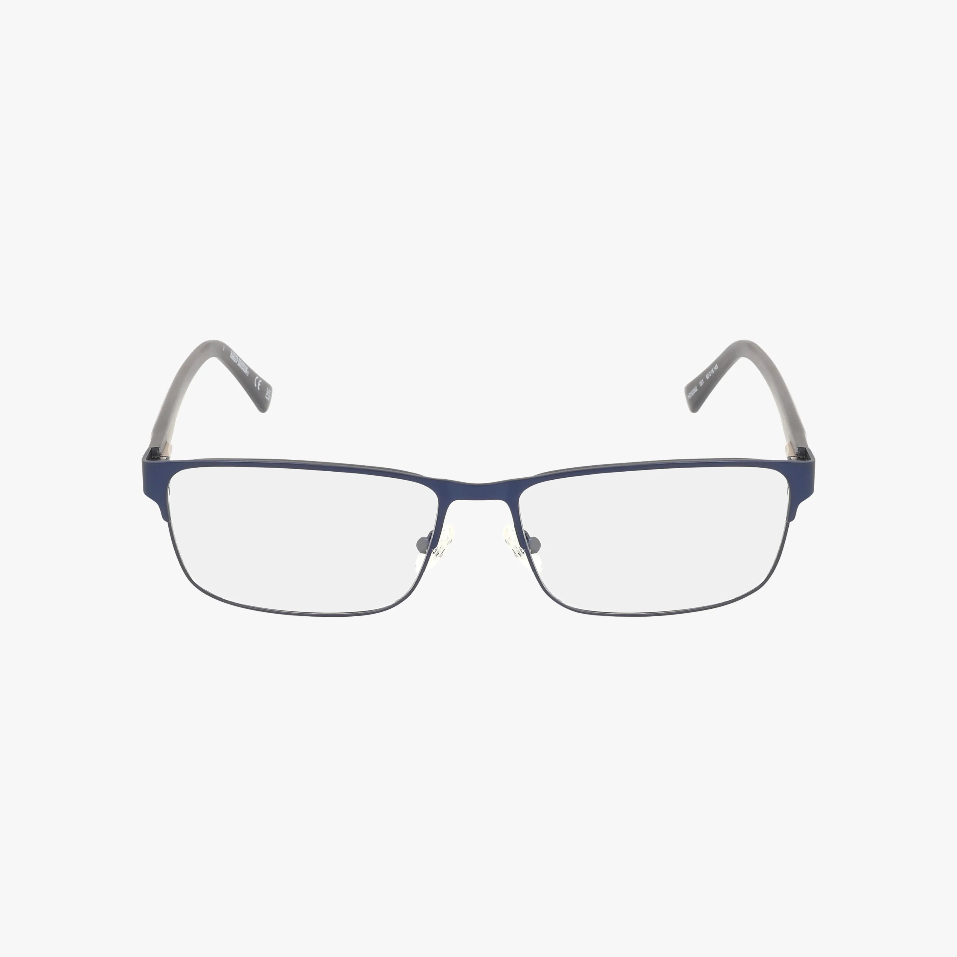 The HD50062 features rectangular eyeglasses with thin, dark blue metal frames, clear lenses, and gray temple arms—ideal for a modern look with a tailored fit, displayed on a white background.