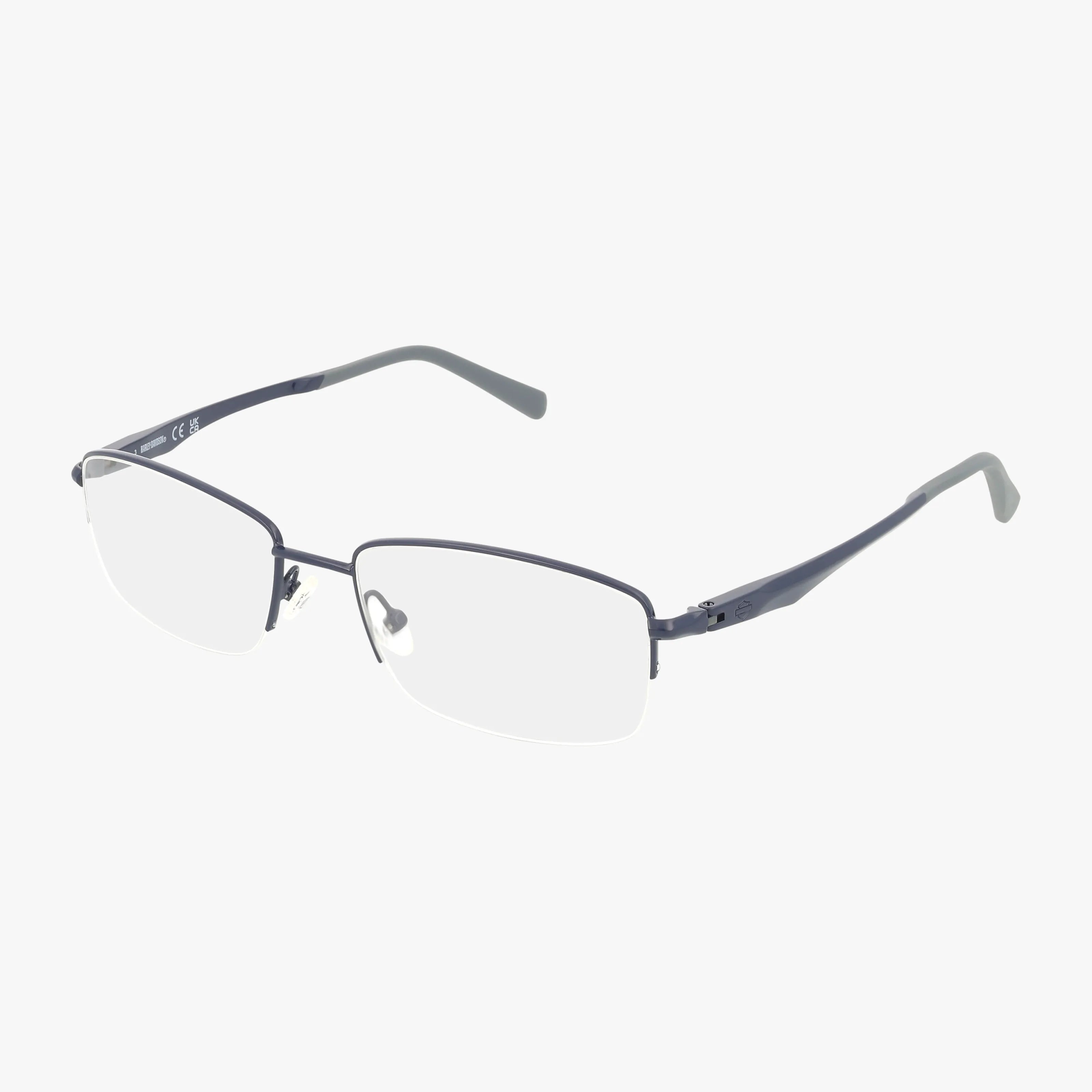 The HD50063 is a pair of semi-rimless eyeglasses with rectangular clear lenses, a thin dark blue metal top, and slim matching temples with plastic tips, shown against a white background.