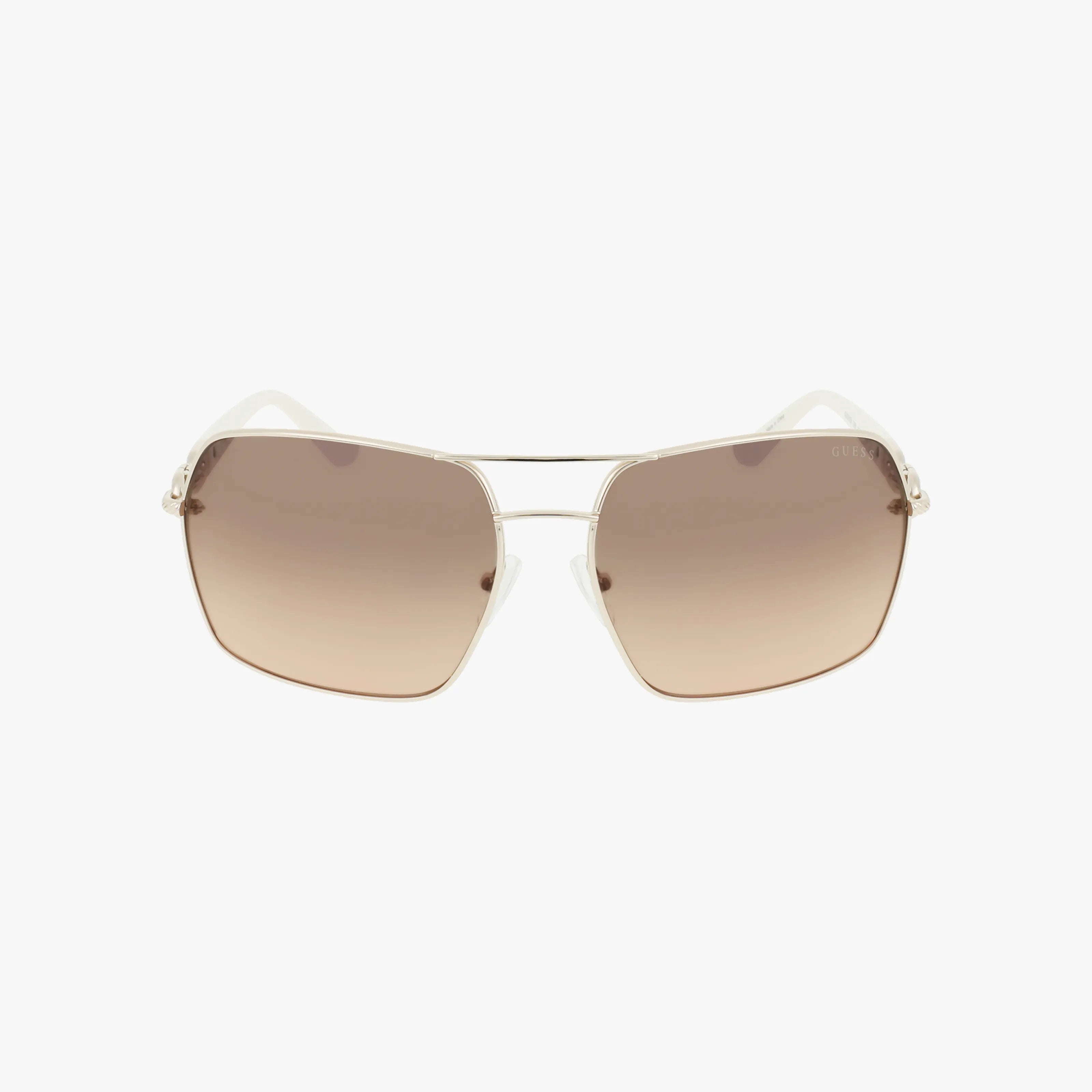 Front view of GU00159S aviator sunglasses featuring square brown gradient premium lenses and thin gold metal frames, offering superior protection, set against a plain white background.