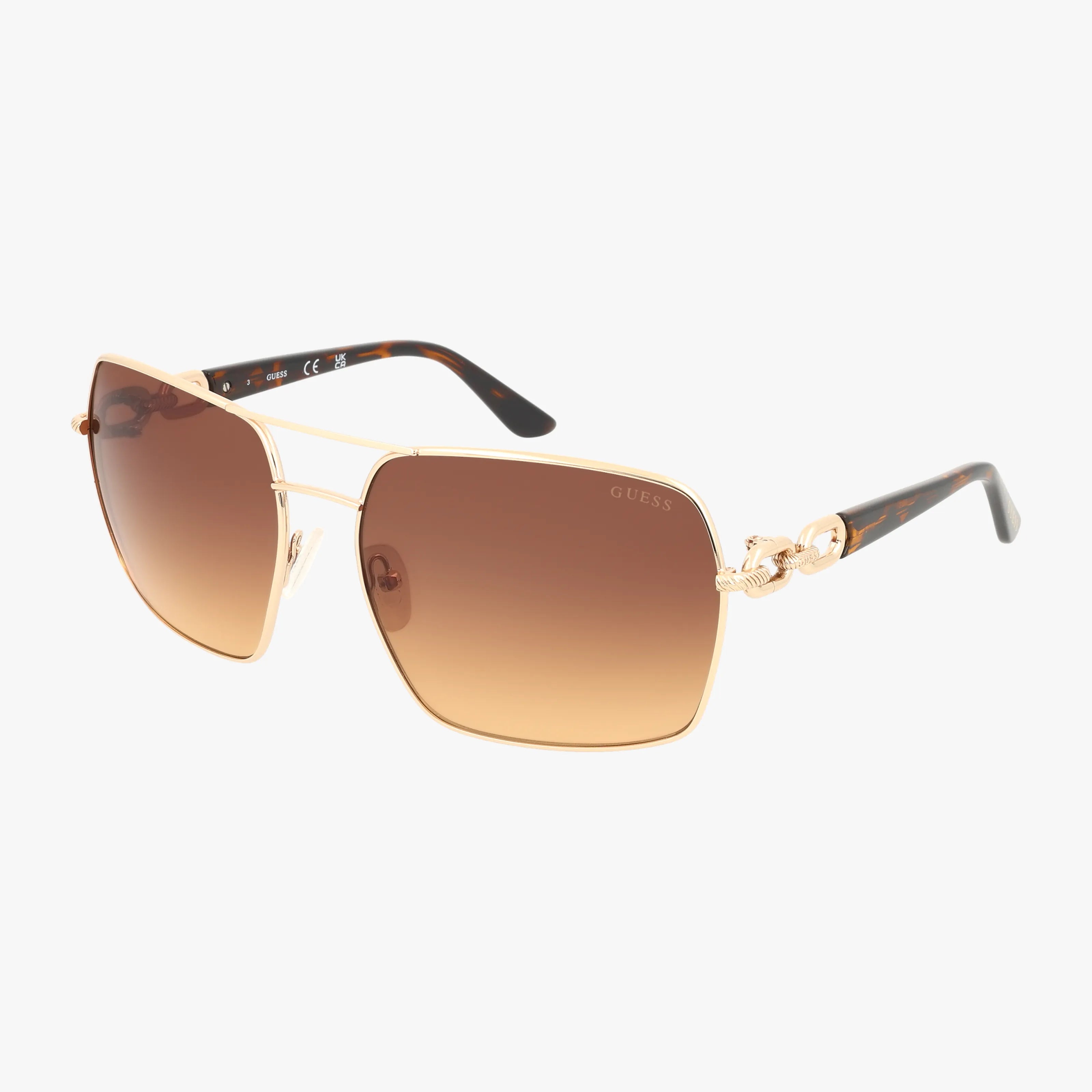 The GU00159S features gold square frames, brown gradient premium lenses for top protection, tortoiseshell arms, and a subtle decorative chain accent on the temples.