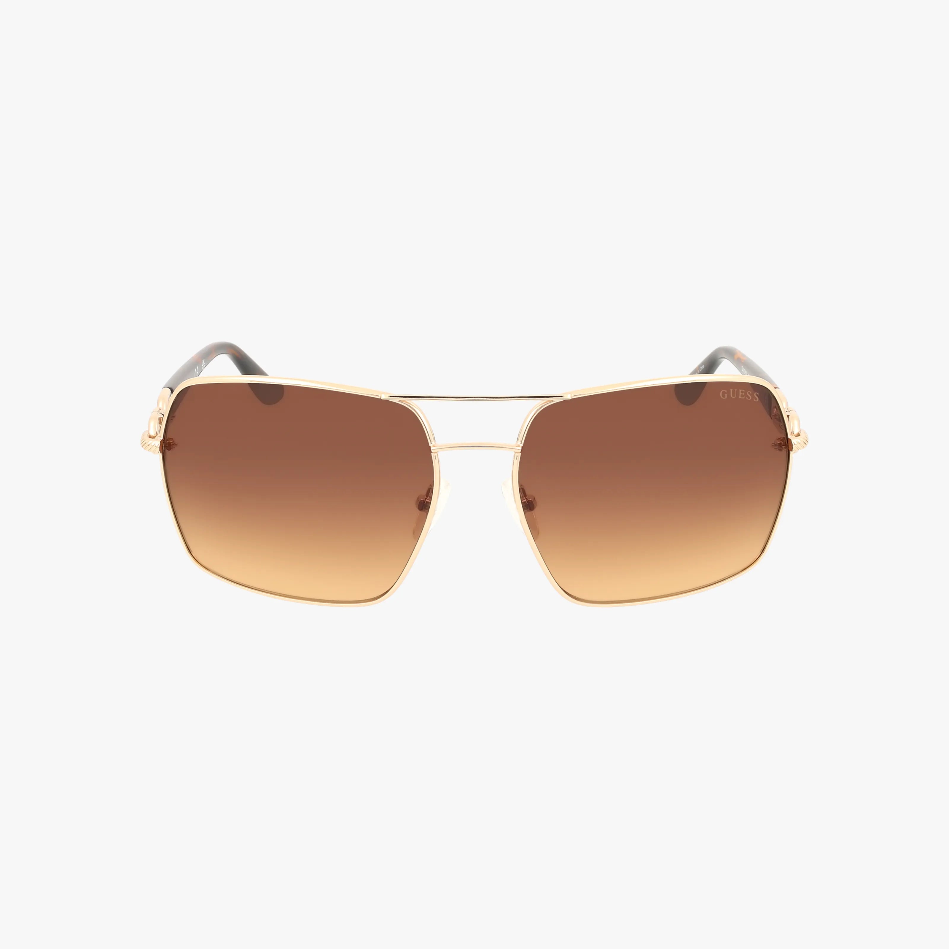 The GU00159S sunglasses feature square-shaped gold metal frames and premium lenses with a brown gradient tint, offering superior protection. Displayed on a plain white background.
