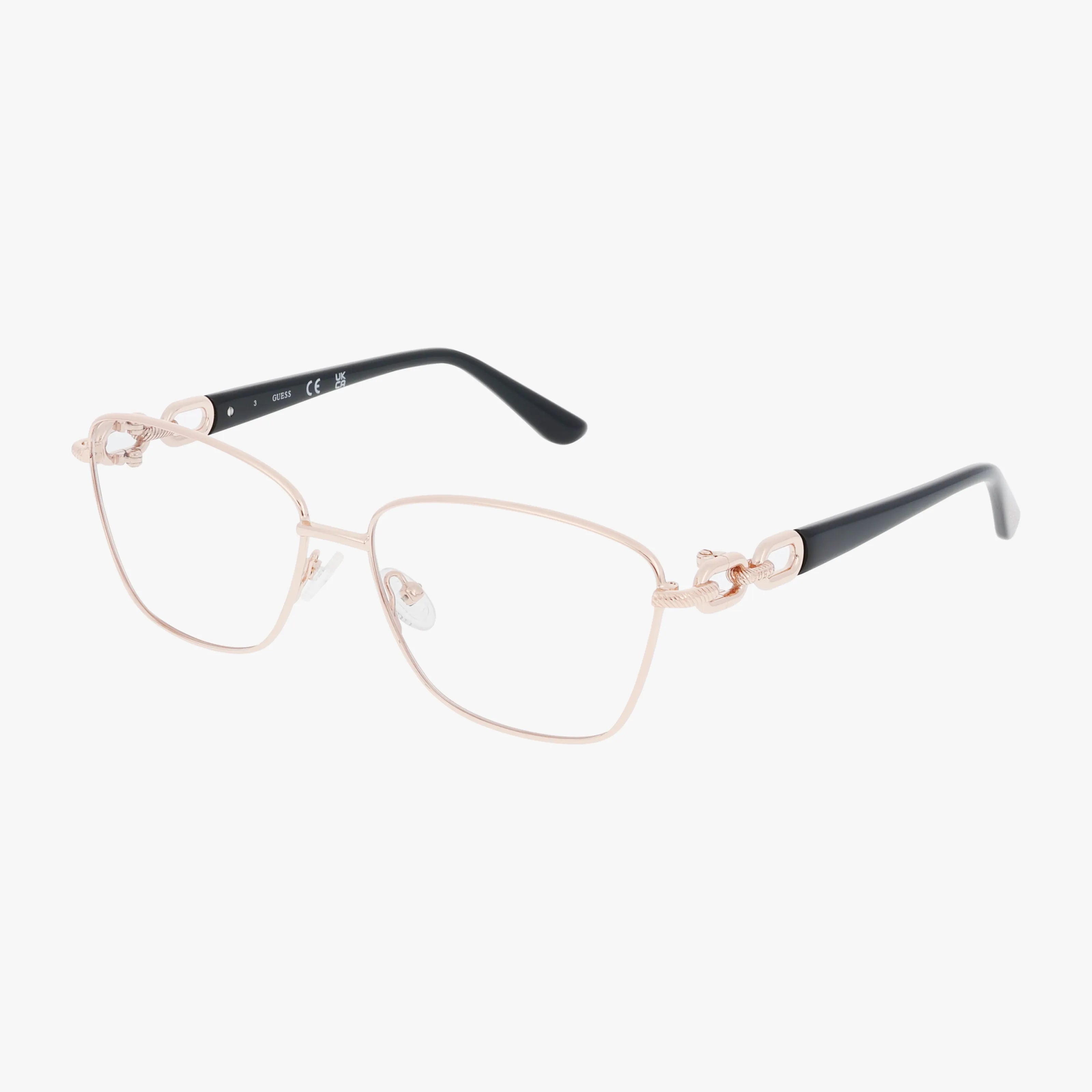 The GU50179 gold wireframe eyeglasses feature large square Transitions lenses, black temple arms, and decorative knot hinge details for a stylish yet durable look, shown on a white background.