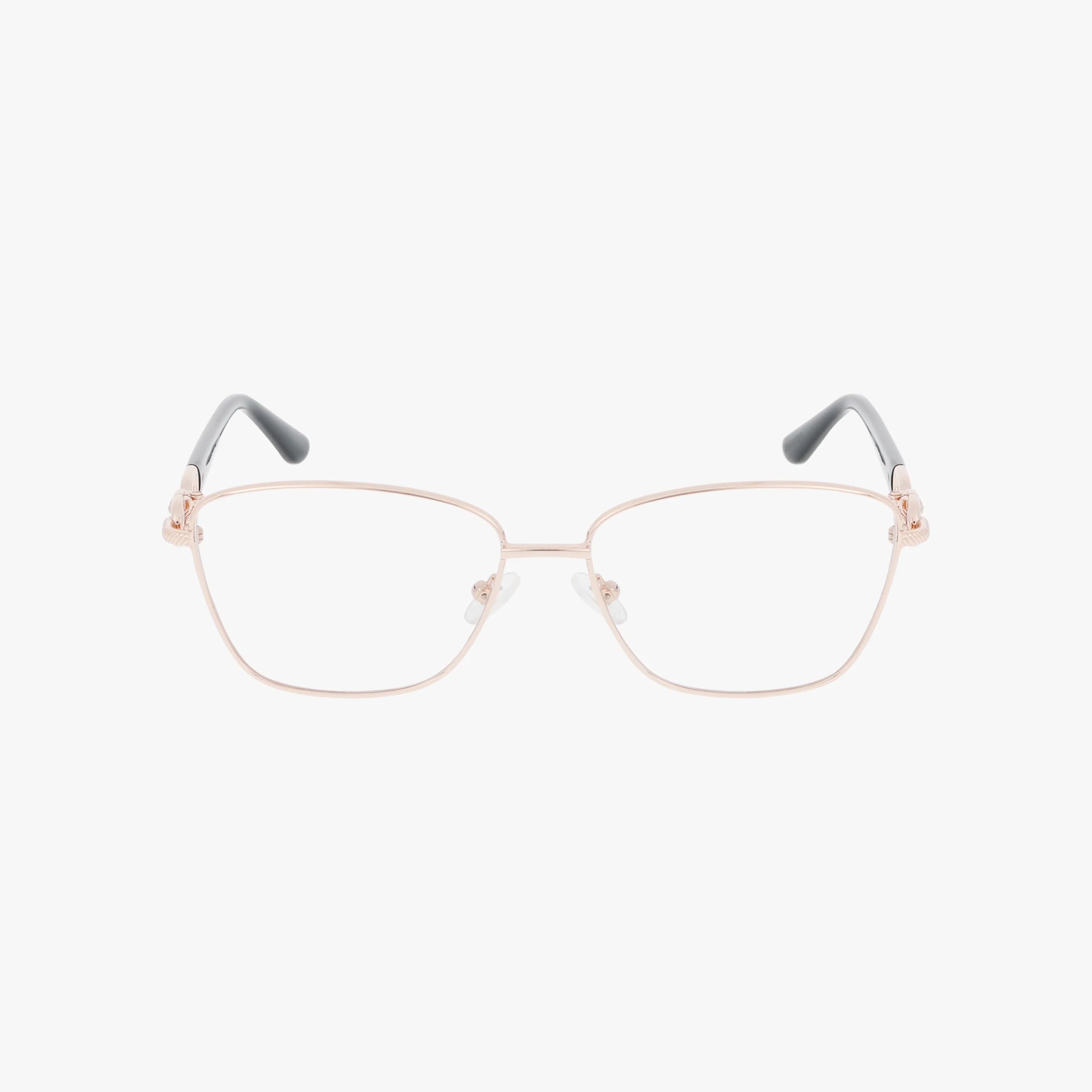 The GU50179 eyeglasses feature a polished rose gold metal frame with square lenses for style and durability. They have black-tipped temples, clear nose pads, Transitions lenses, and are shown on a white background.