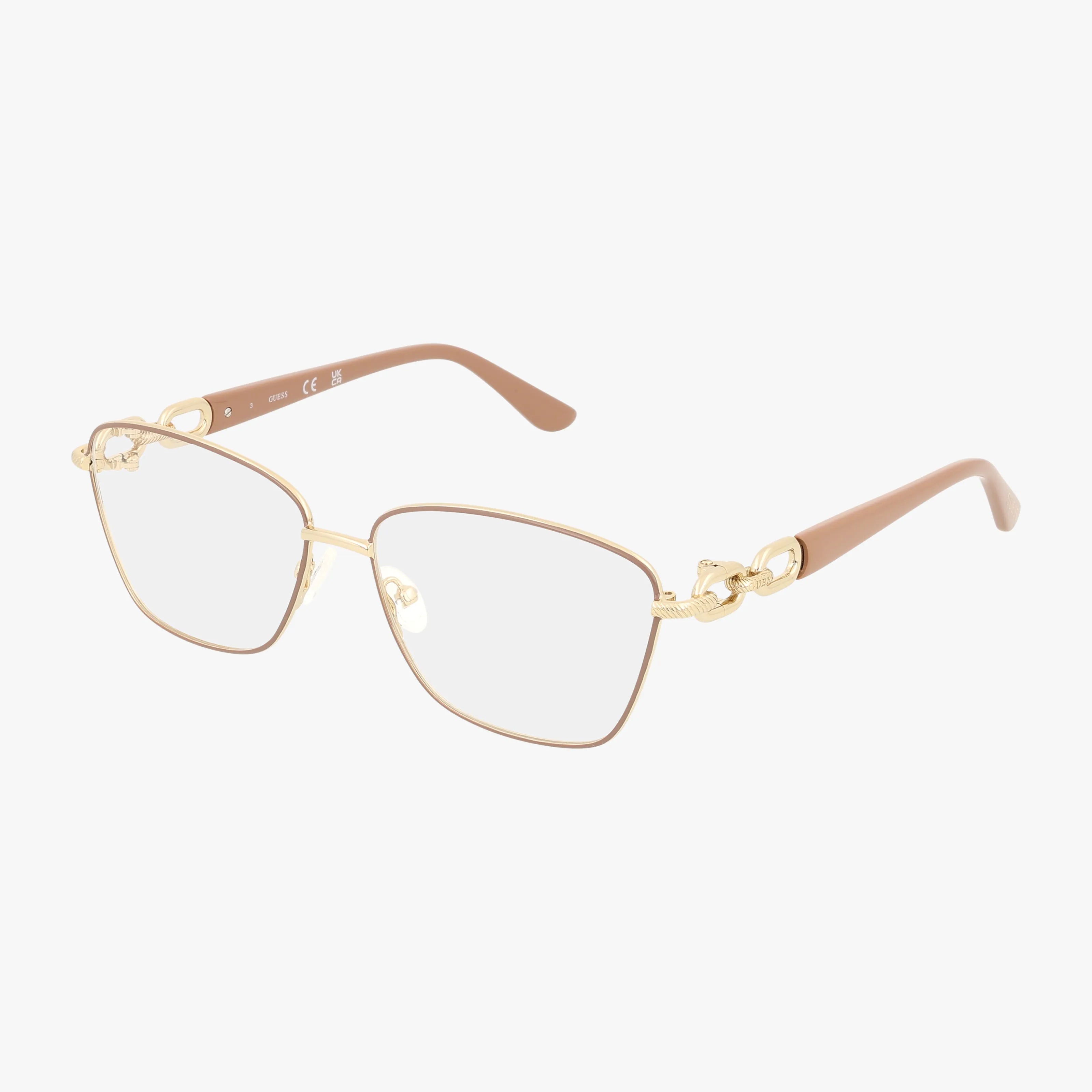 The GU50179 eyeglasses feature large, square gold-rimmed frames with light brown temple arms and a decorative gold chain by the hinges, combining style and durability, all shown on a white background.
