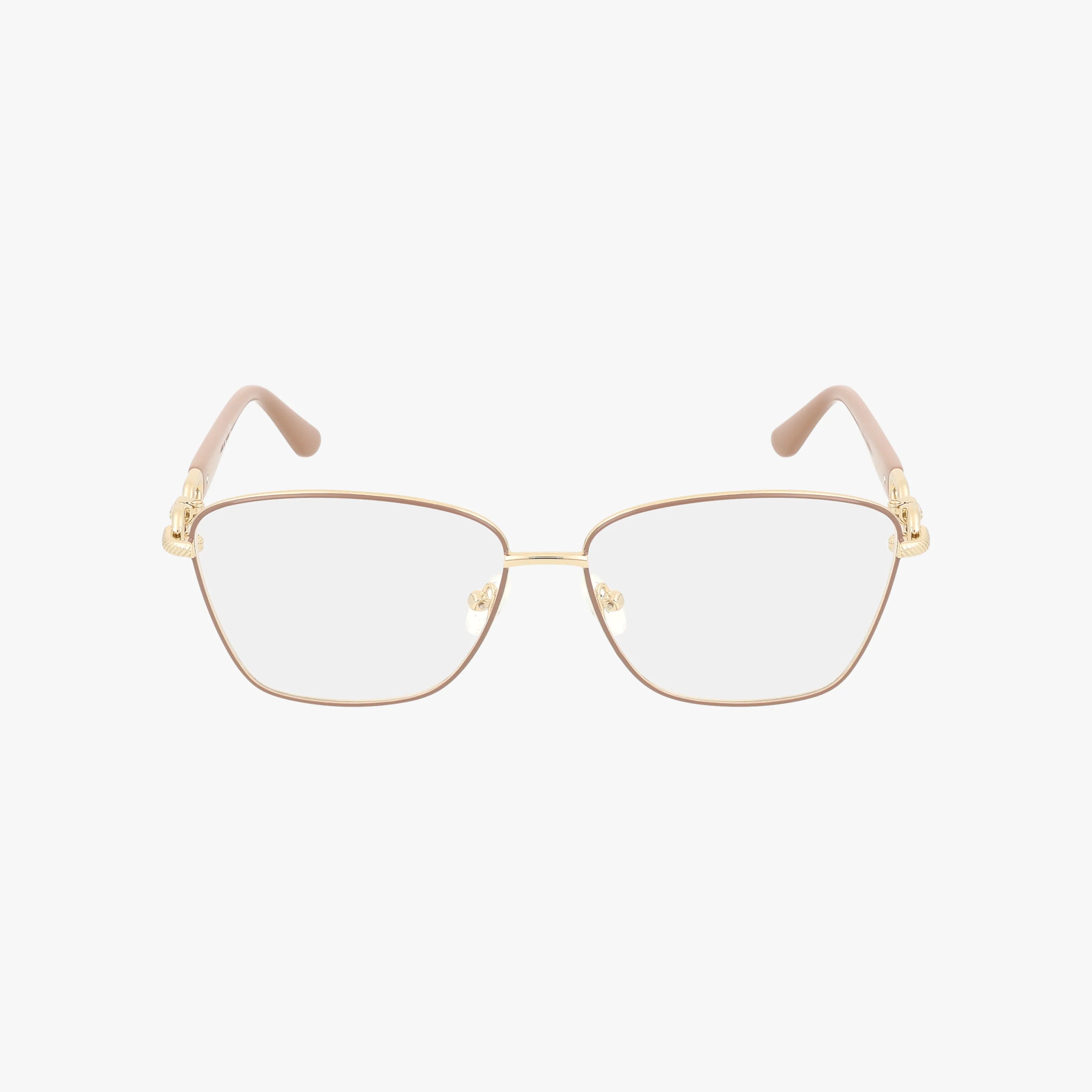 The GU50179 gold metal eyeglasses feature a polished rectangular frame, clear lenses, and light beige arms—shown front-facing on a white background for a stylish yet durable look.