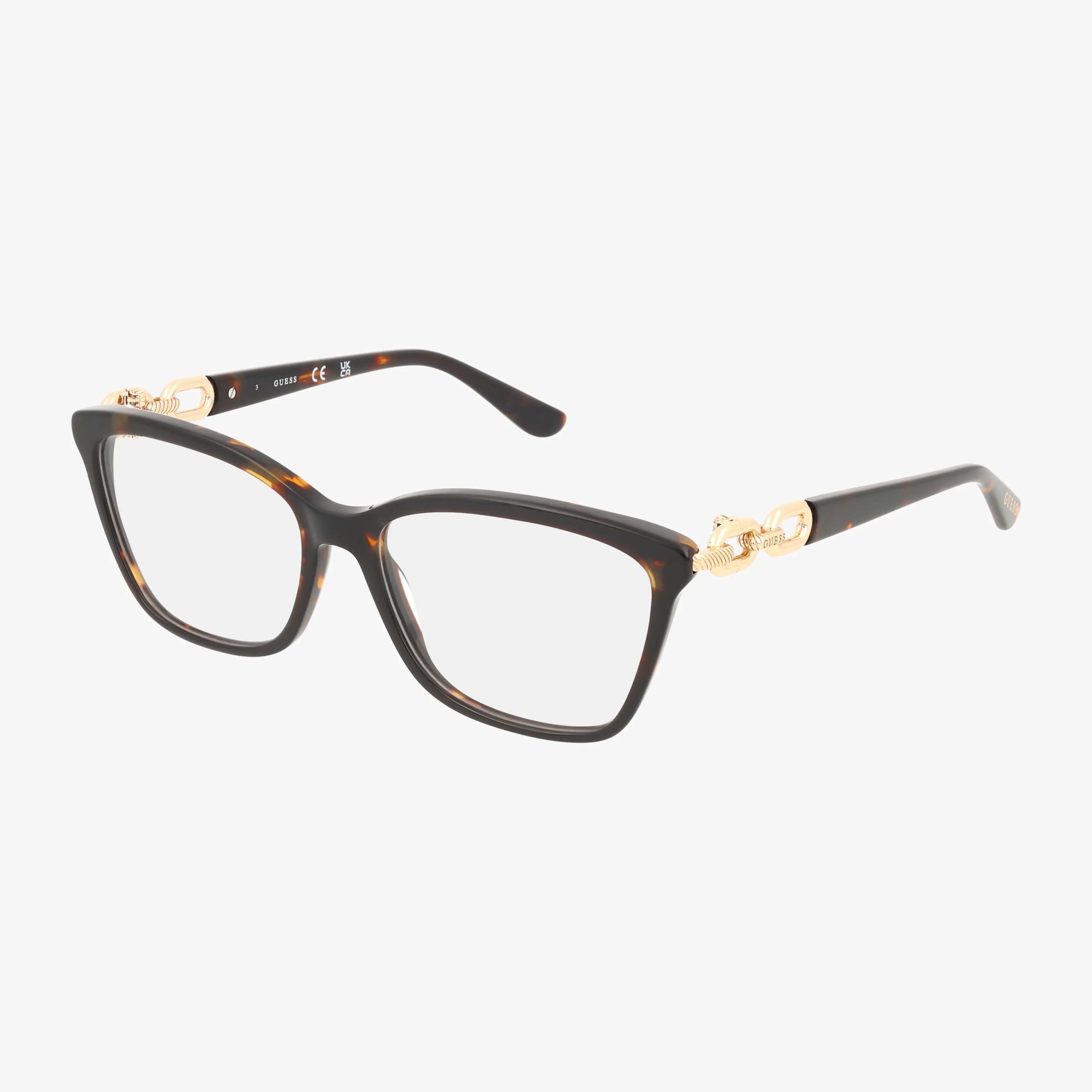 A pair of GU50181 rectangular tortoiseshell eyeglasses with gold temple accents, featuring a lightweight frame for comfortable daily wear, displayed against a white background.