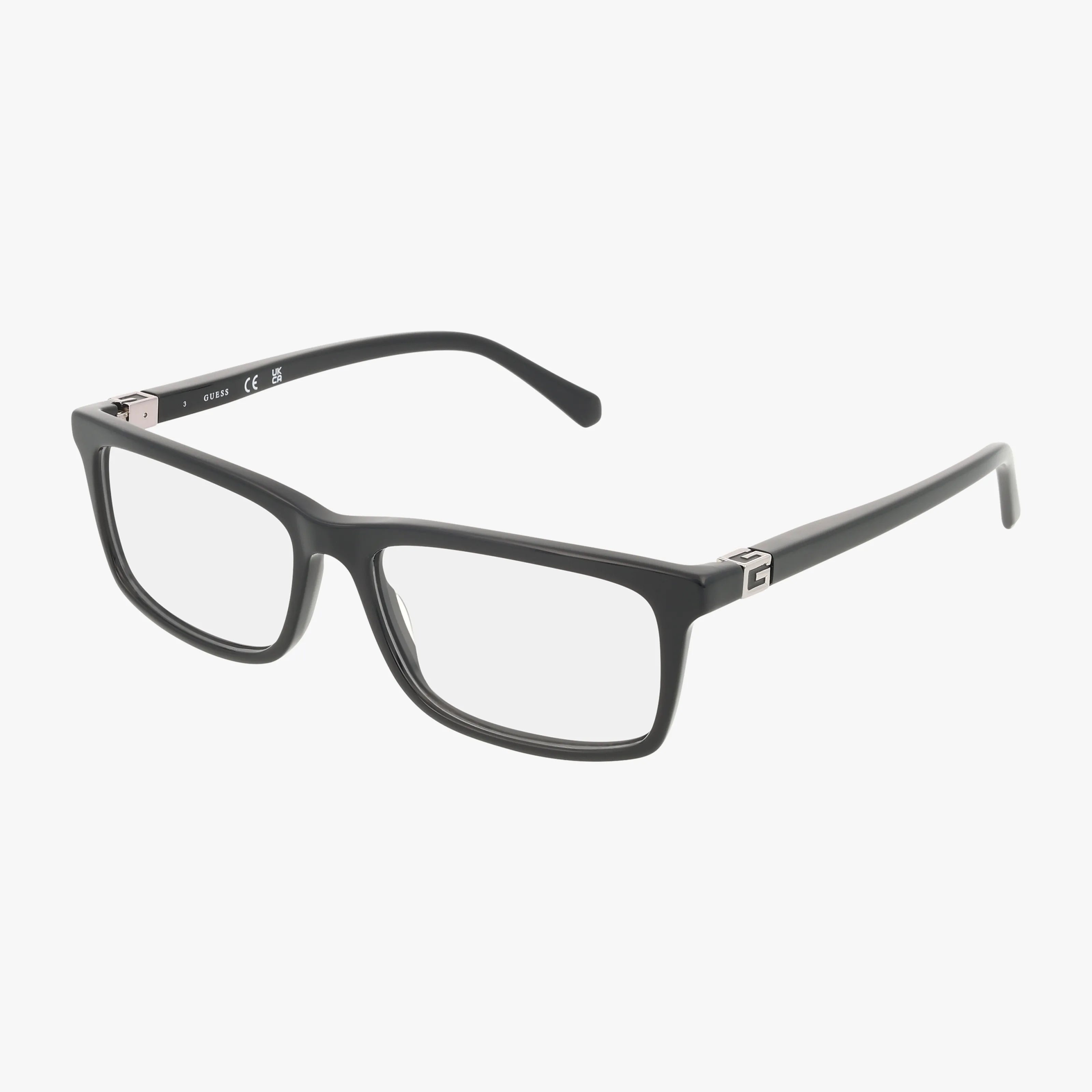 GU50190 rectangular black eyeglasses feature clear progressive lenses and silver hinge accents, blending distinct style with functional design, shown against a white background.