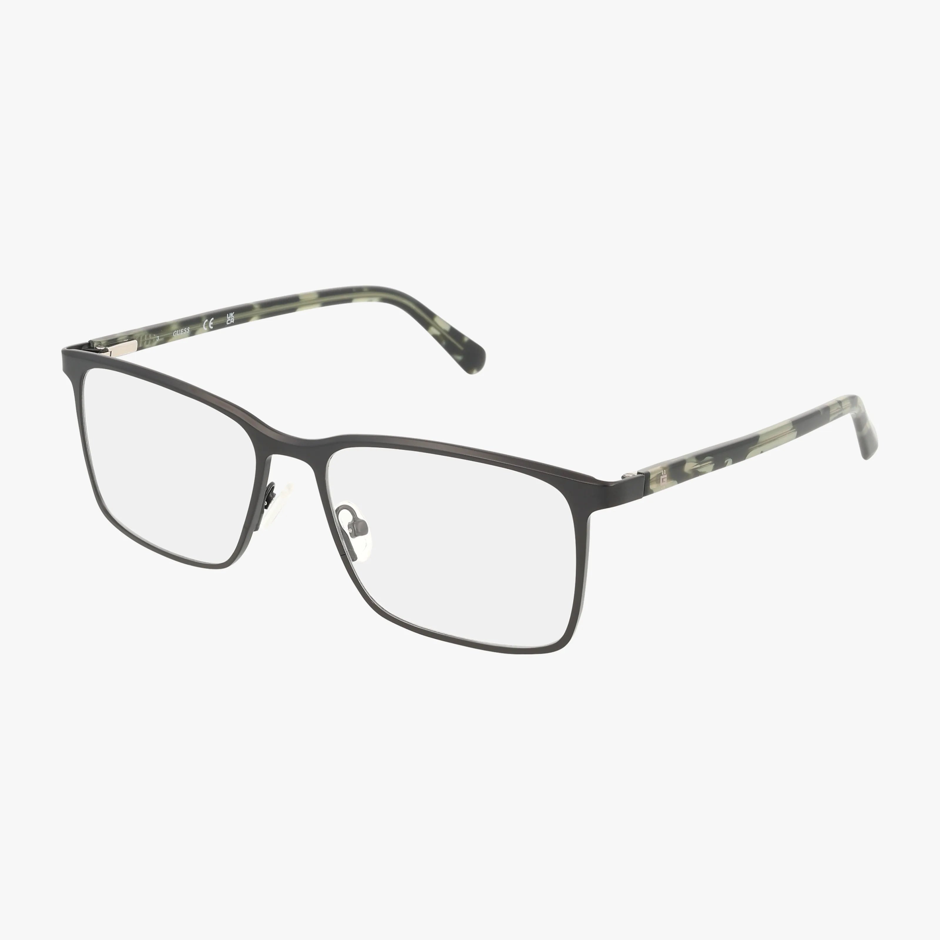 The GU50193 eyeglasses feature a black rectangular frame with clear lenses and patterned temples in gray, white, and black—offering lasting elegance and robust design. Shop online to enjoy their timeless appeal for any style.