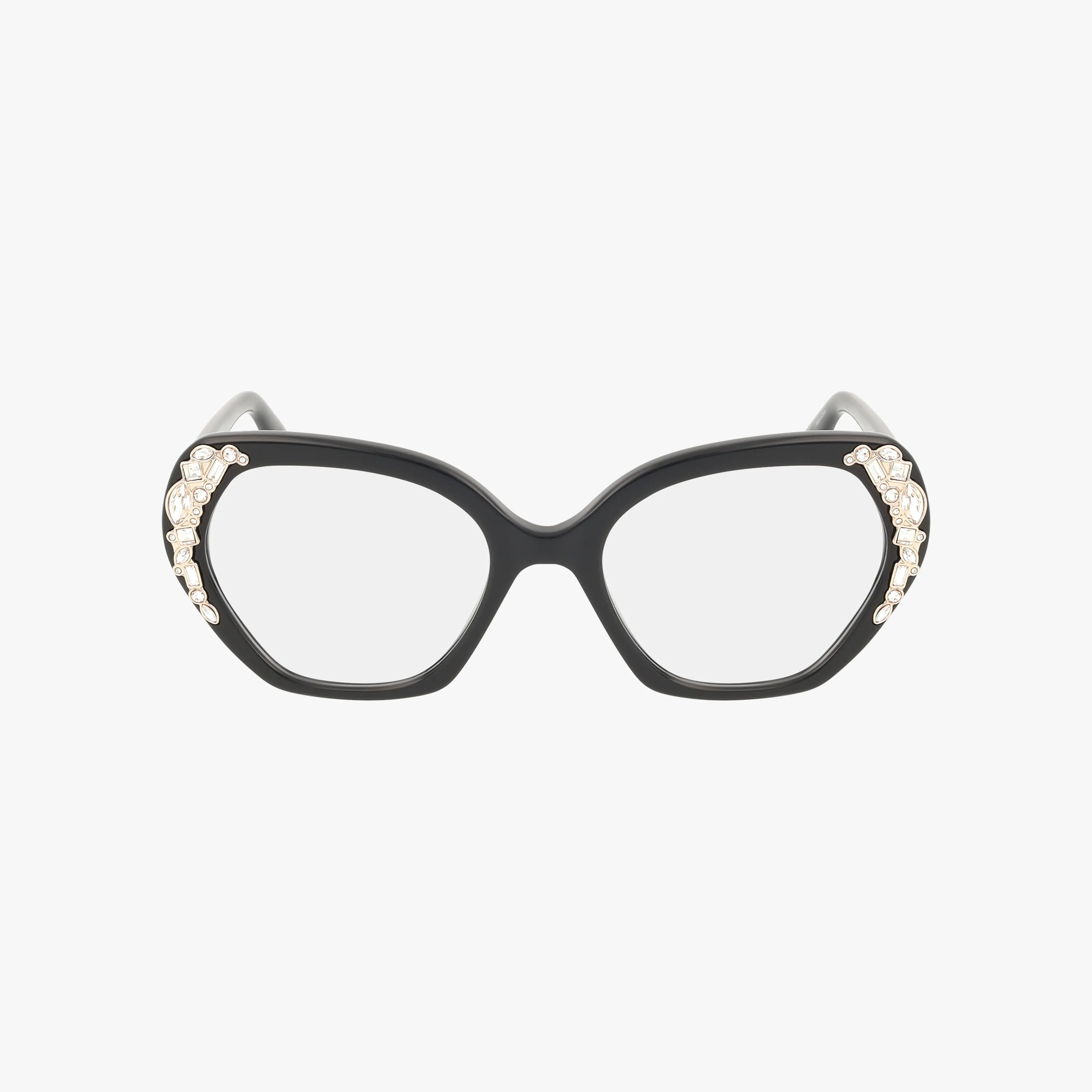 The GM50039 features black cat-eye frames with clear lenses and a polished finish, accented by clusters of light-colored gems or pearls on the upper outer edges. Shown against a plain white background for a stylish look.