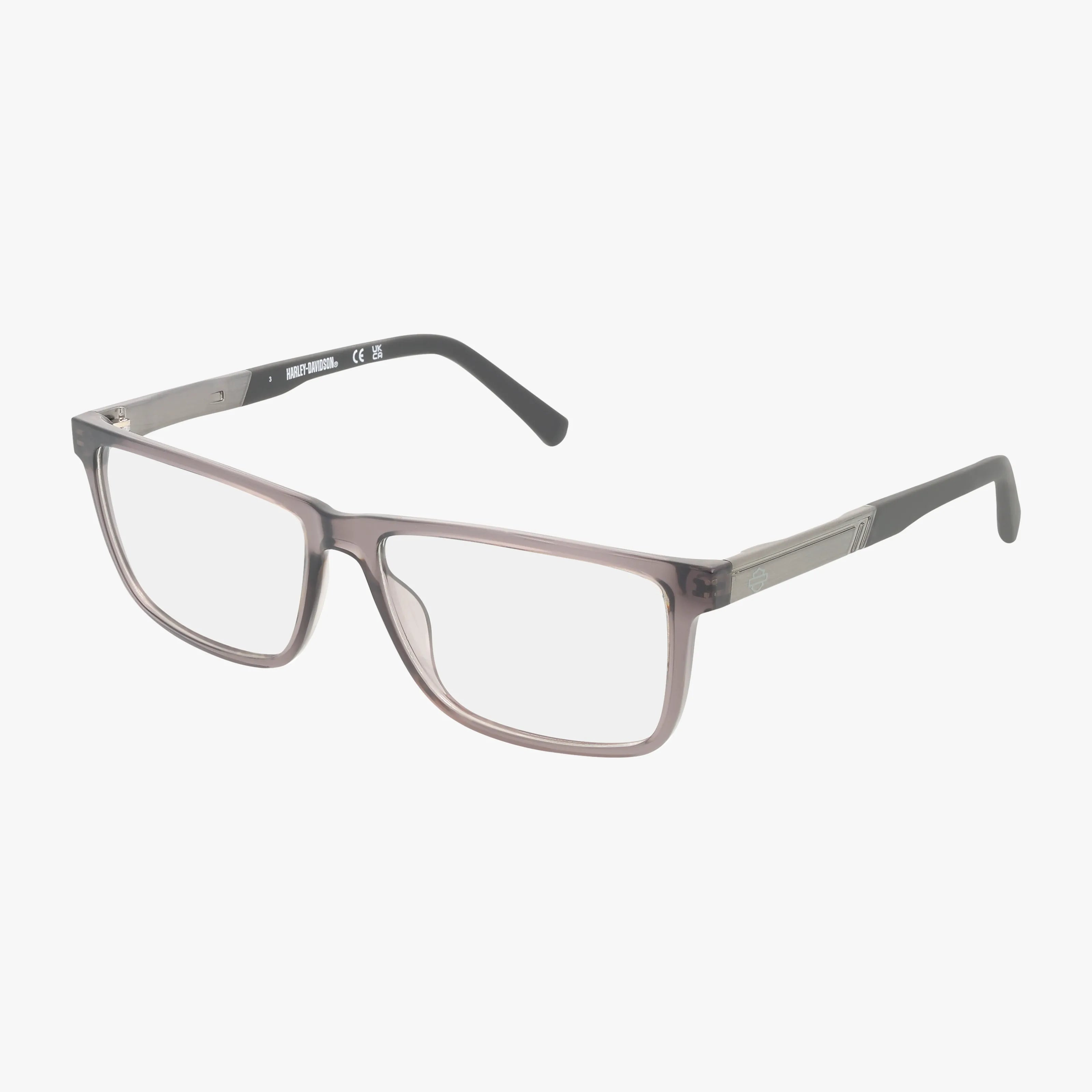 The HD50093 eyeglasses feature a durable rectangular frame with transparent gray fronts and black temples, displayed on a white background.