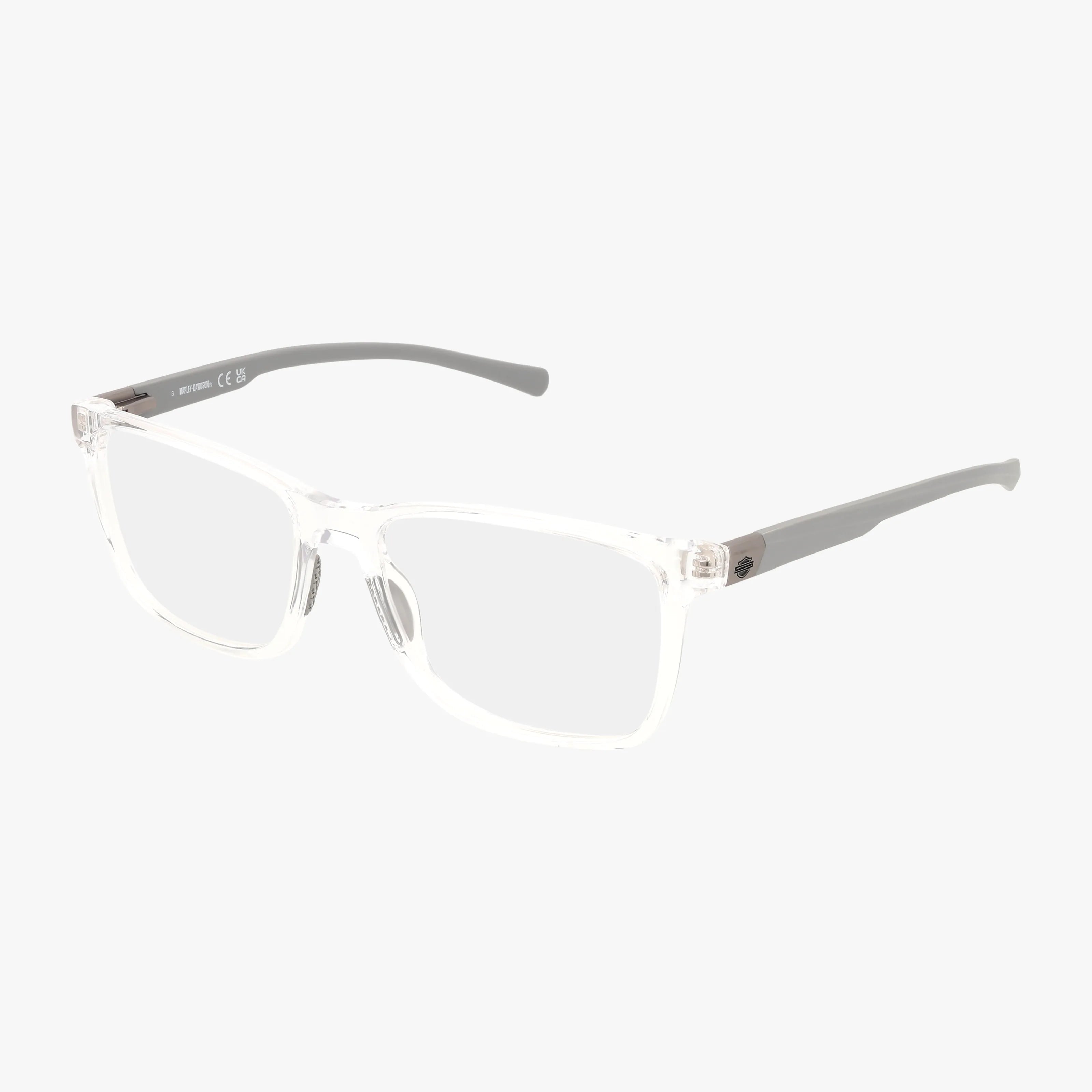 The HD50095 eyeglasses feature clear, rectangular fashion frames with transparent fronts and gray arms, displayed on a plain white background.
