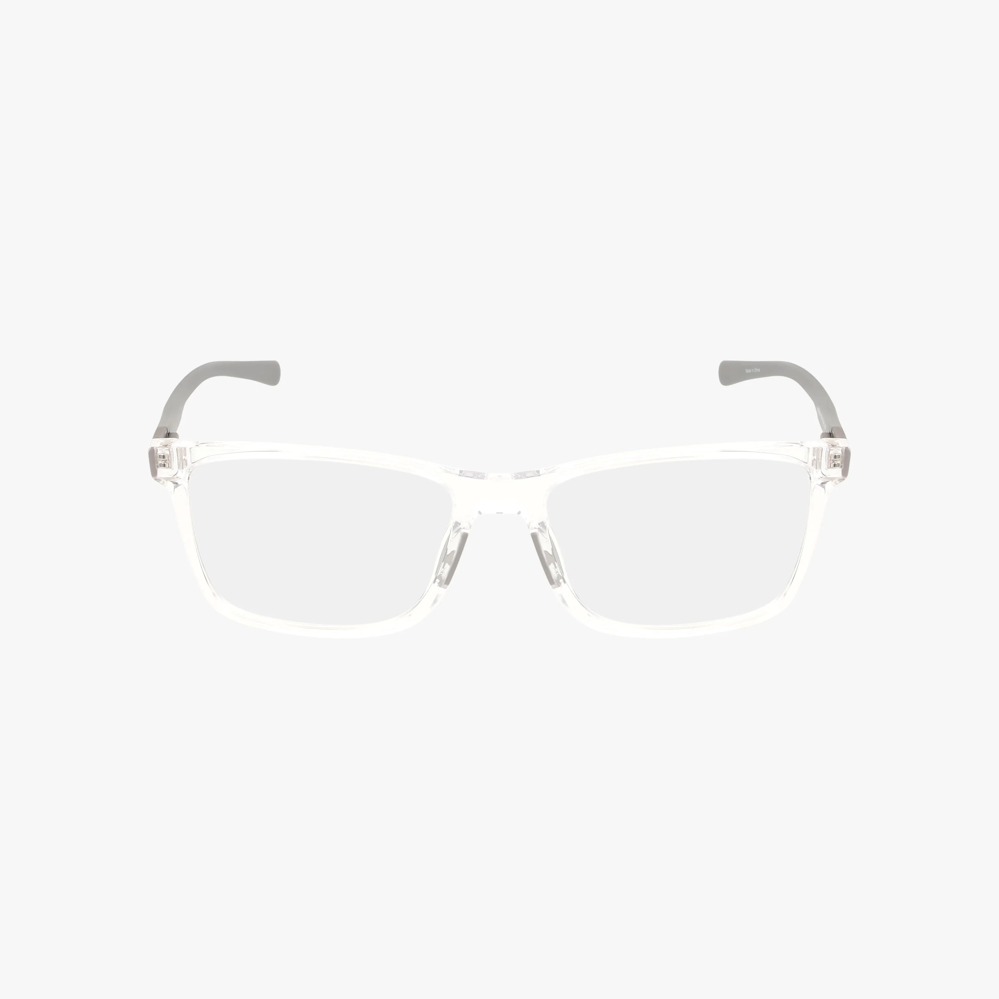 The HD50095 features clear rectangular eyeglasses with transparent fashion frames and dark gray temple tips, designed for prescription lenses, shown on a plain white background.
