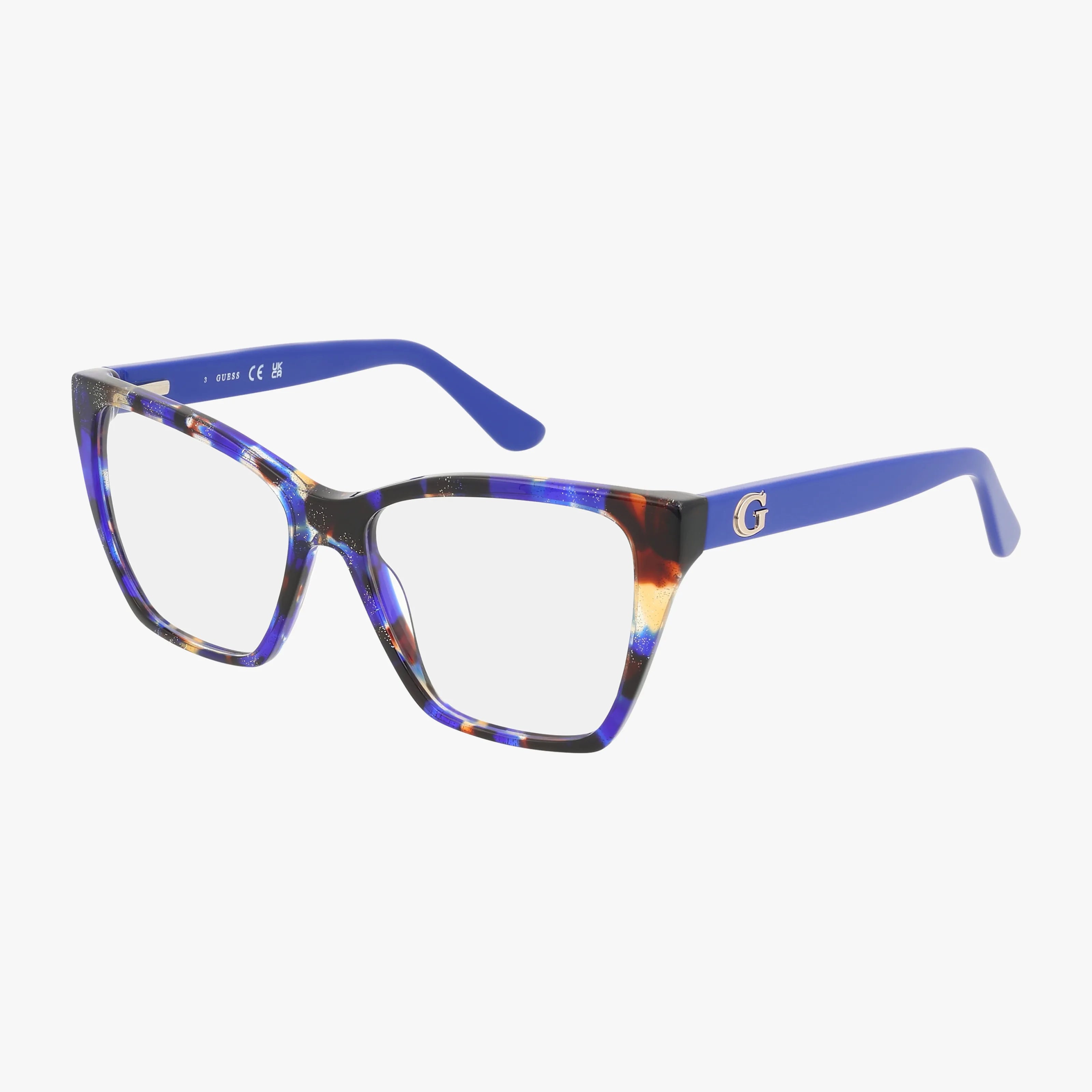 GU50235 eyeglasses feature blue arms, a multicolored tortoiseshell frame, and a gold G logo on the temples for a stylish look.