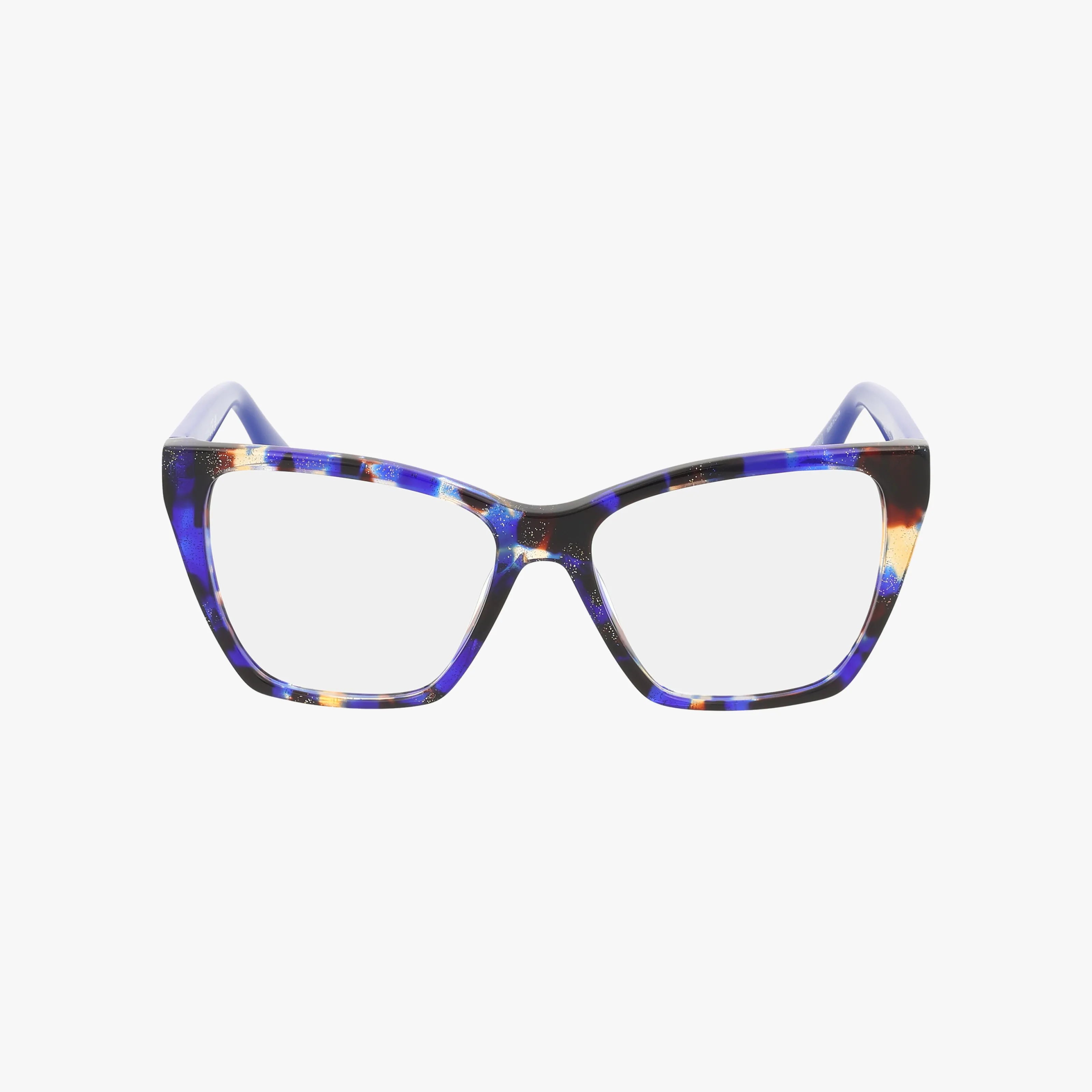 The GU50235 eyeglasses feature a cat-eye shape with thick frames in a blue, black, and yellow tortoiseshell pattern, displayed on a white background.