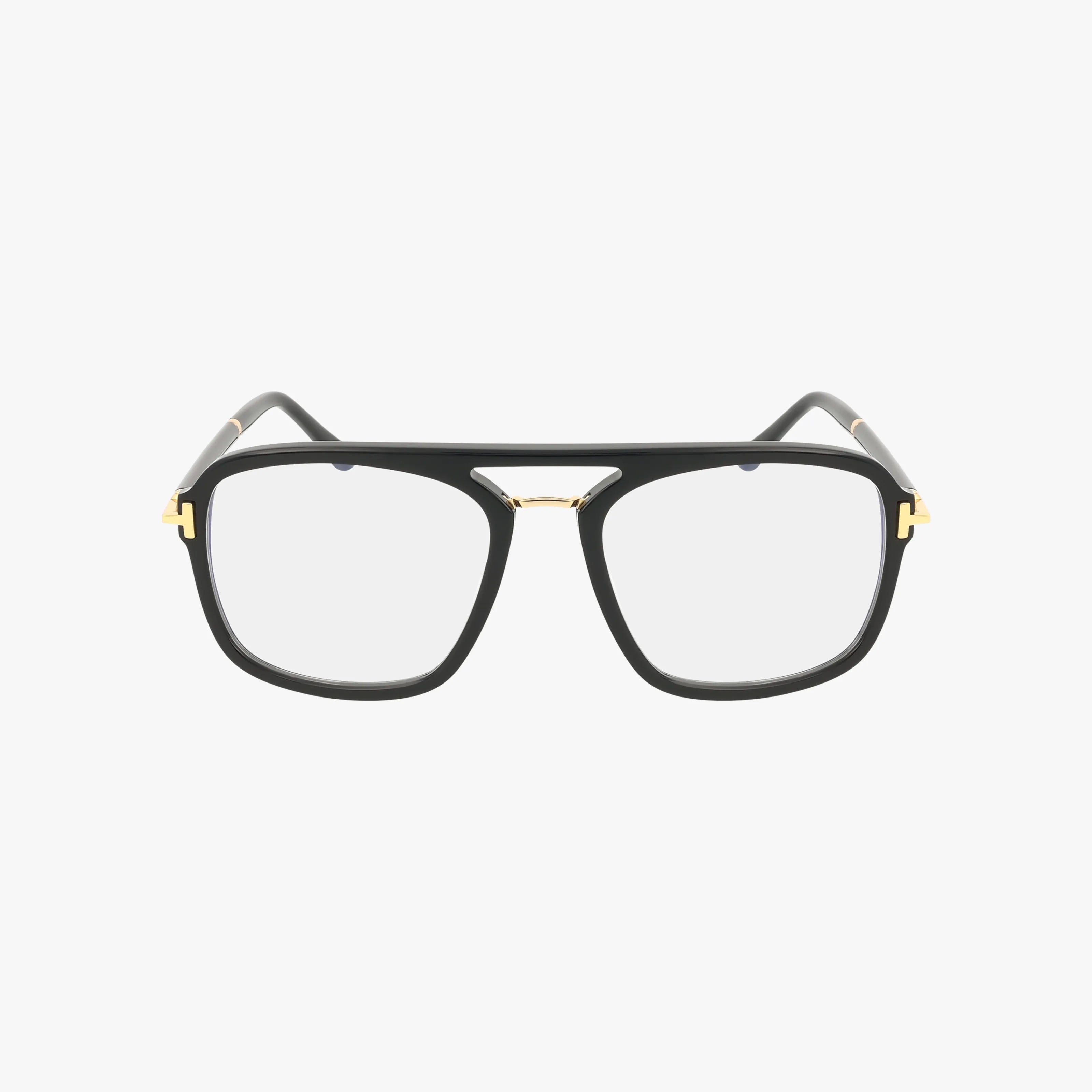 The FT6086B is a pair of black square eyeglasses featuring gold accents on the bridge and hinges, shown against a white background.