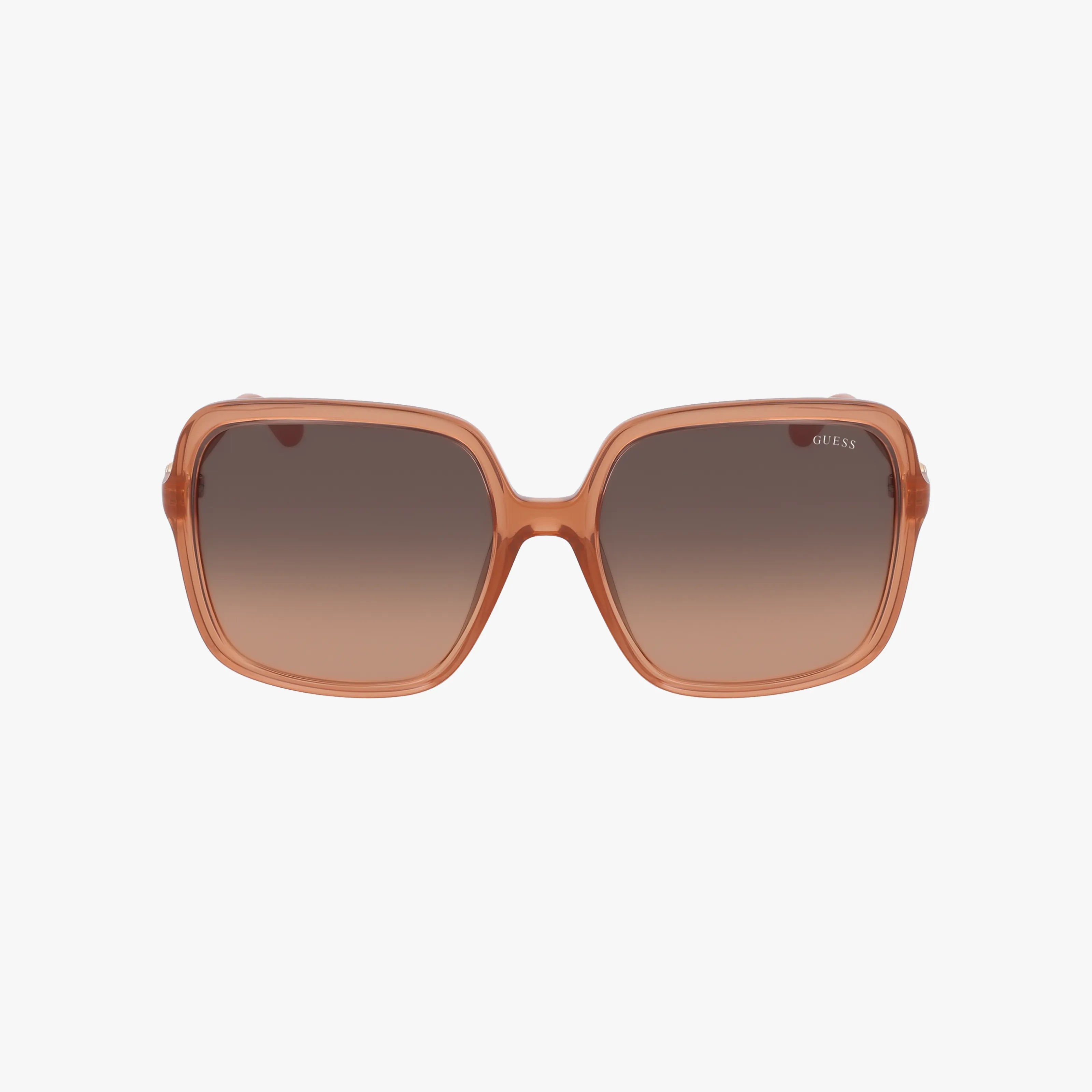 The GU00280 sunglasses feature a square shape with a translucent peach frame and gradient brown lenses, shown against a plain white background.