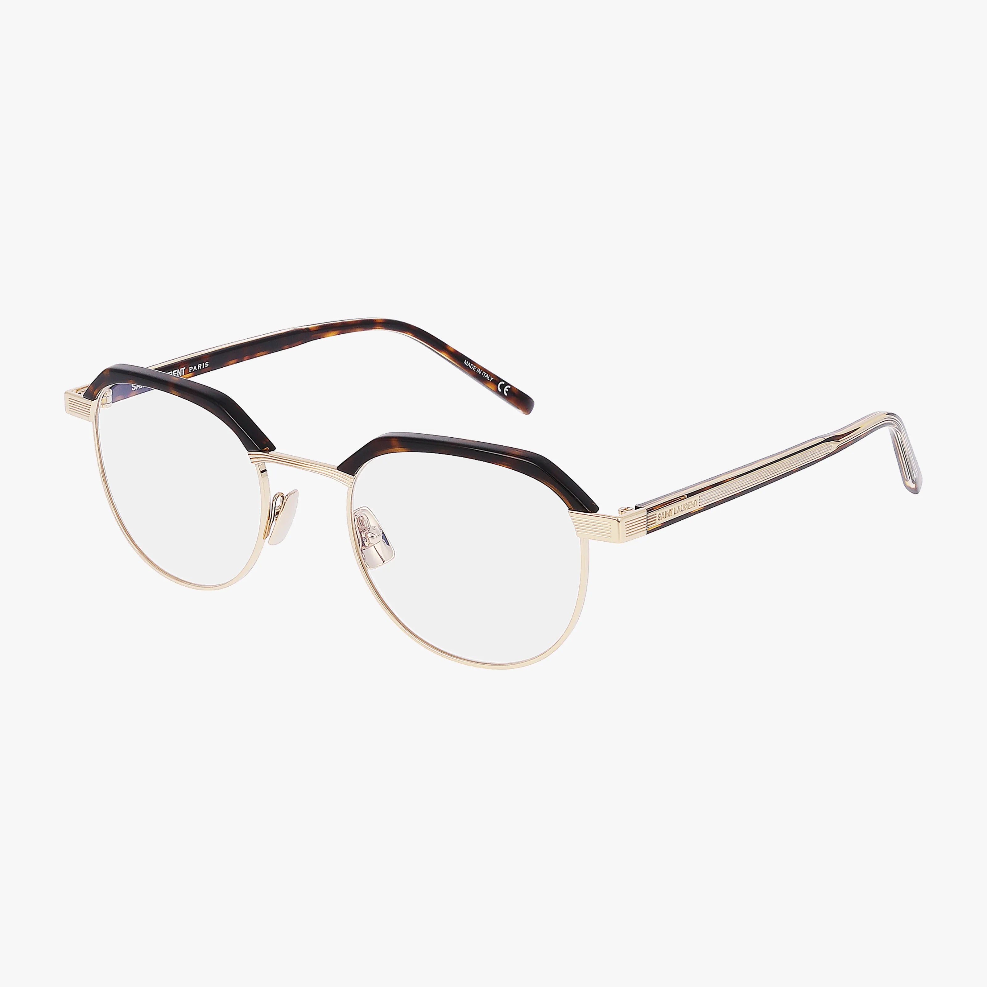 The SL 124 features round gold metal frames, tortoiseshell-patterned acetate arms, and clear lenses, displayed on a white background.