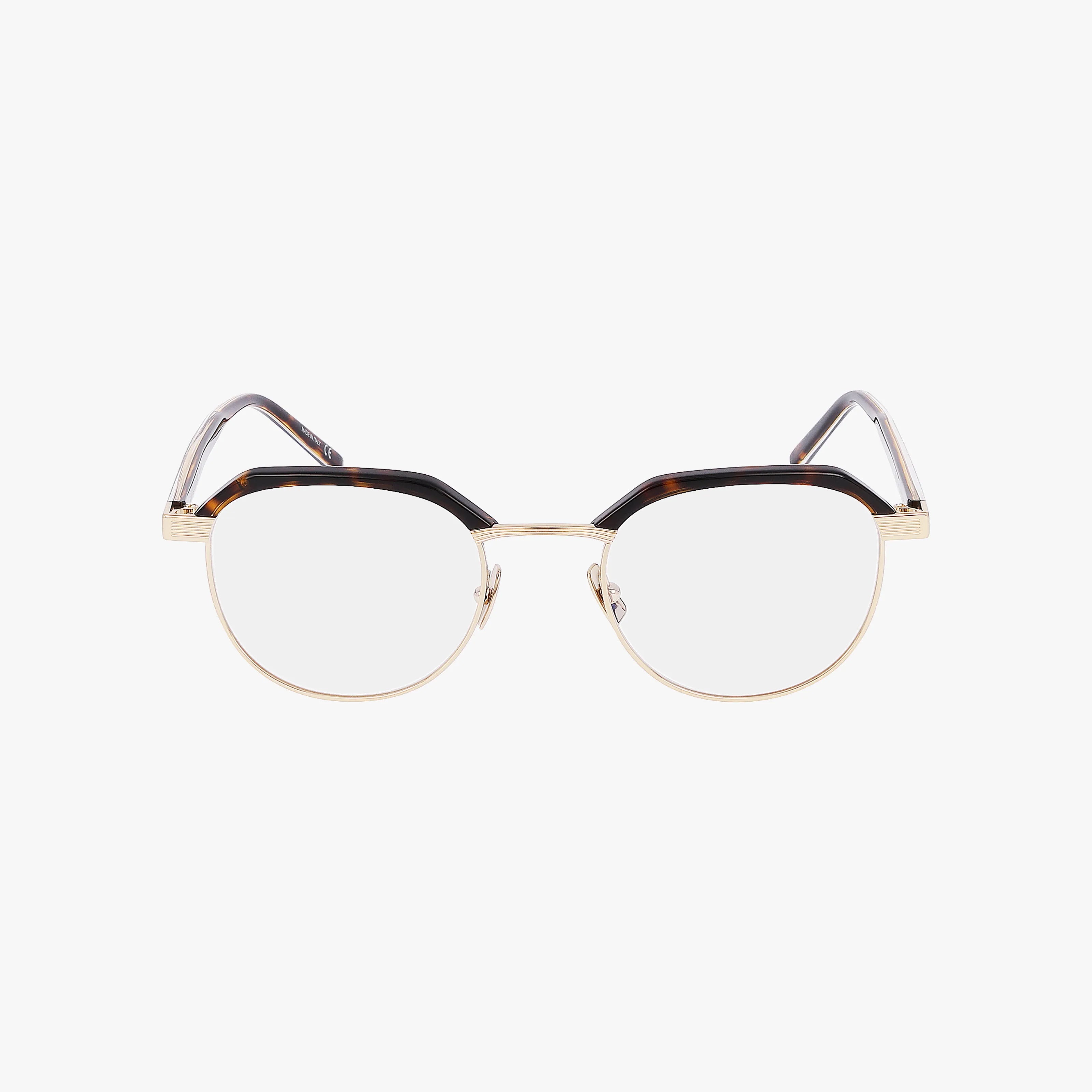 Front view of Saint Laurent SL 124 eyewear with a circular frame, round clear lenses, gold metal-acetate construction, and black accents on the upper rims and temples, set against a white background.