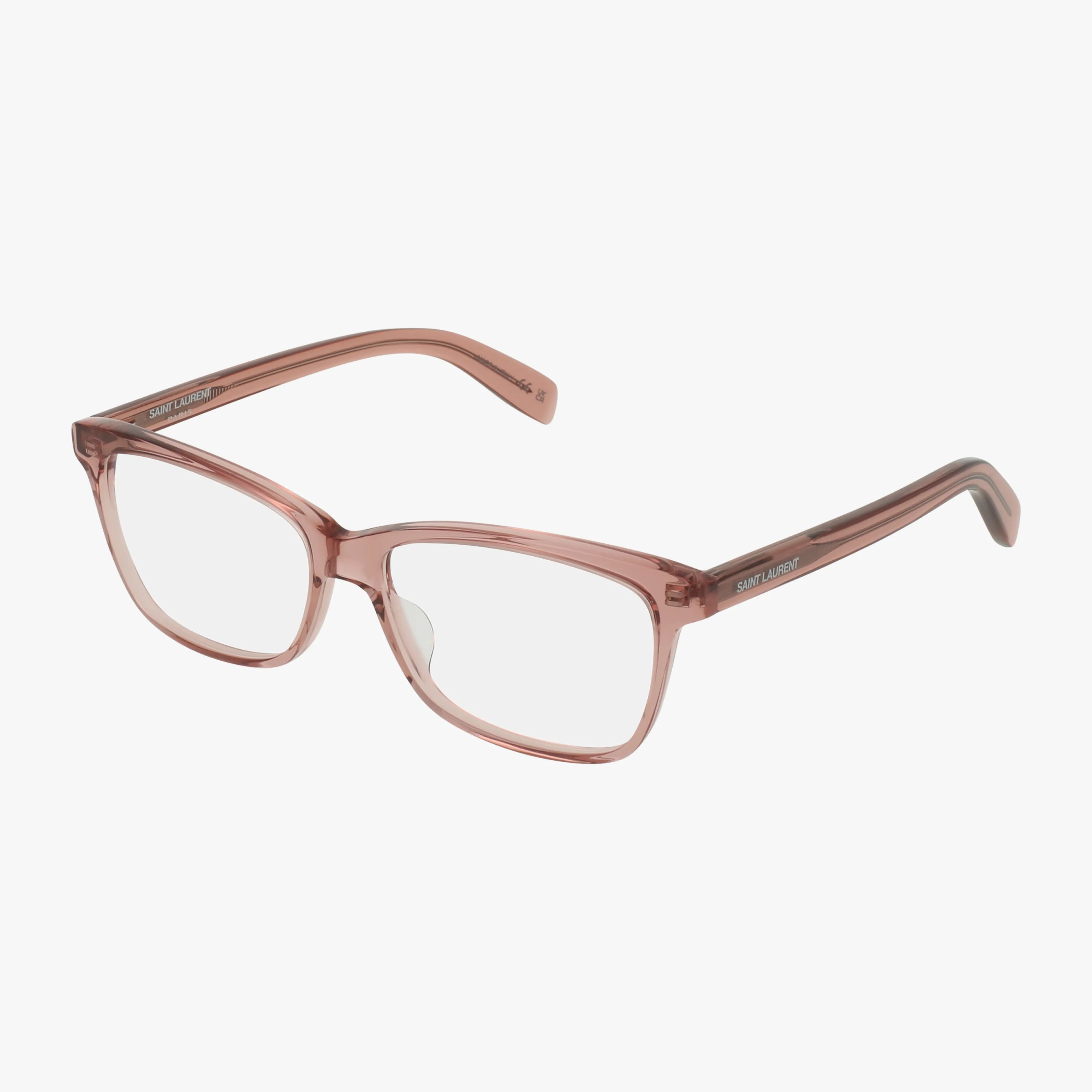 The SL 170 features transparent pink rectangular thick plastic frames with clear lenses, displayed on a white background. Saint Laurent’s signature logo is engraved near the hinges for a distinctive touch.