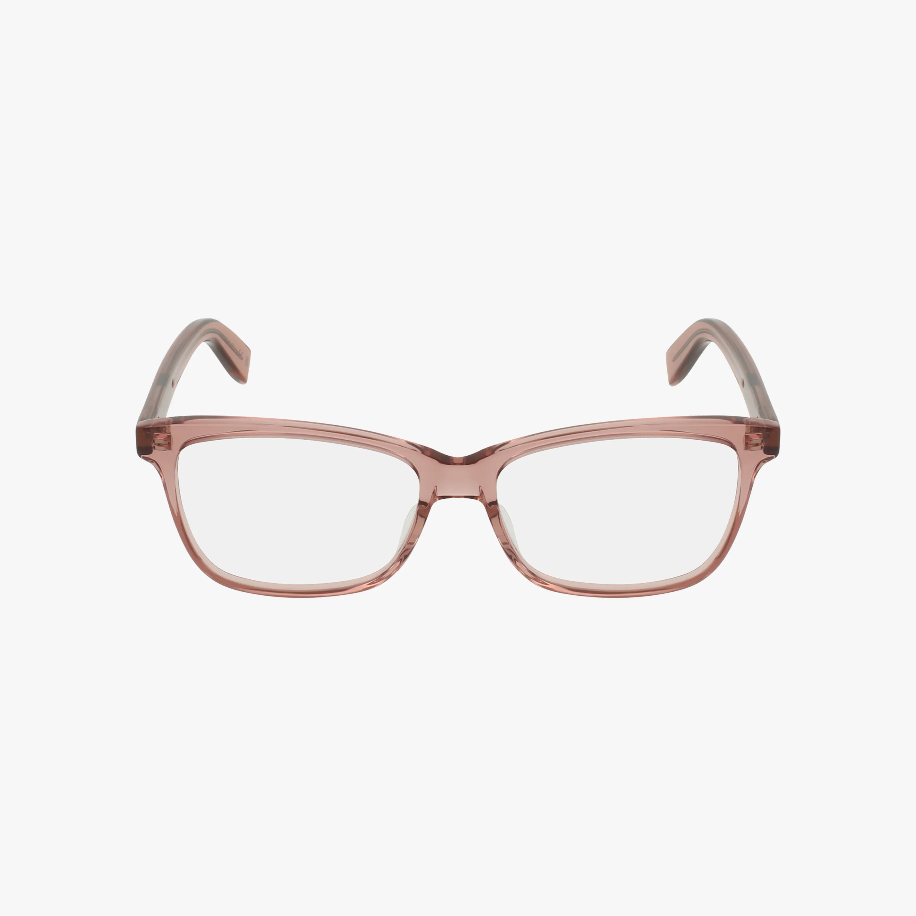 The SL 170 eyewear by Saint Laurent showcases transparent light pink rectangular frames with clear lenses, set against a white background.