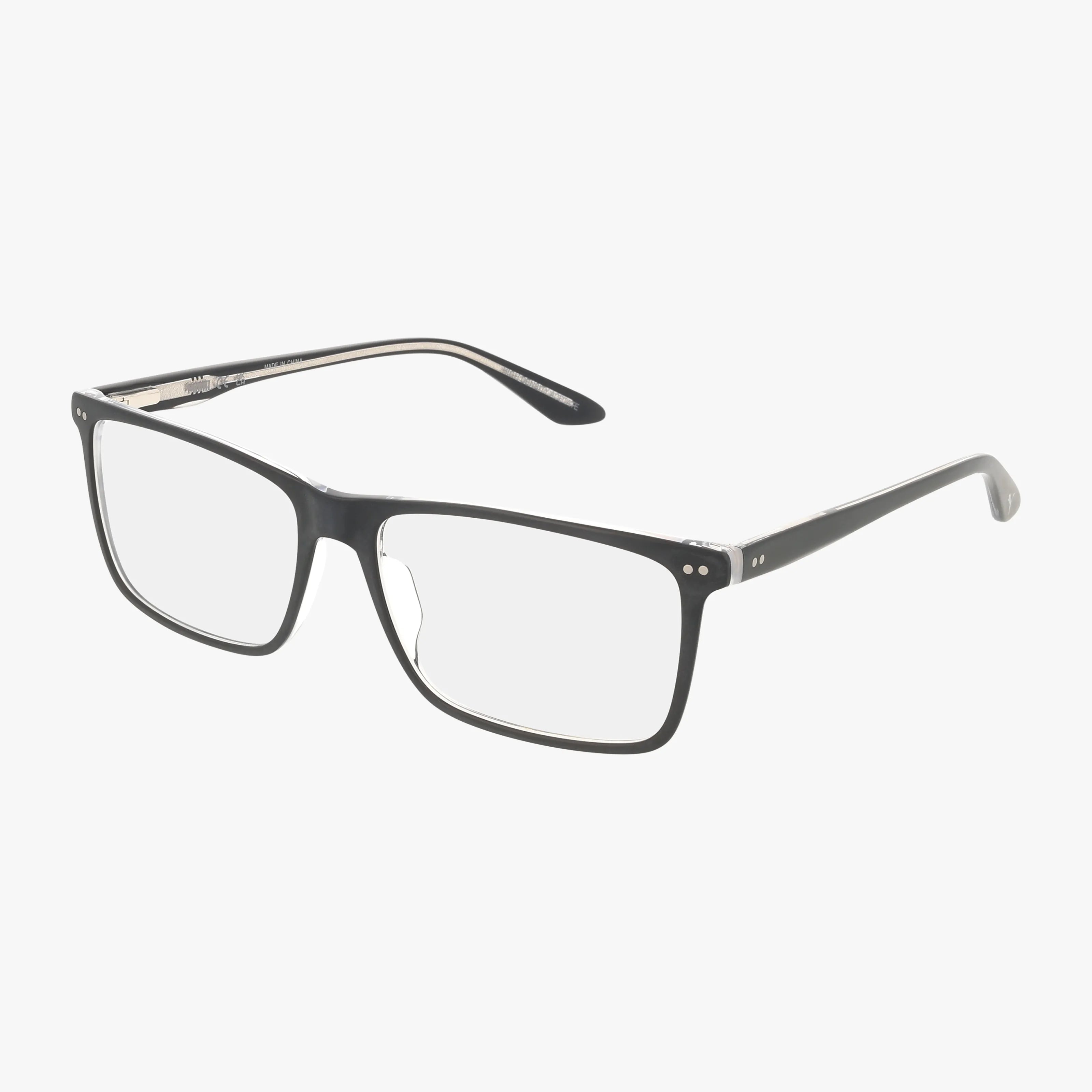 The PU0130O features black, rectangular eyeglass frames with thin construction and clear prescription lenses, highlighted by a unique frame design, set against a white background.