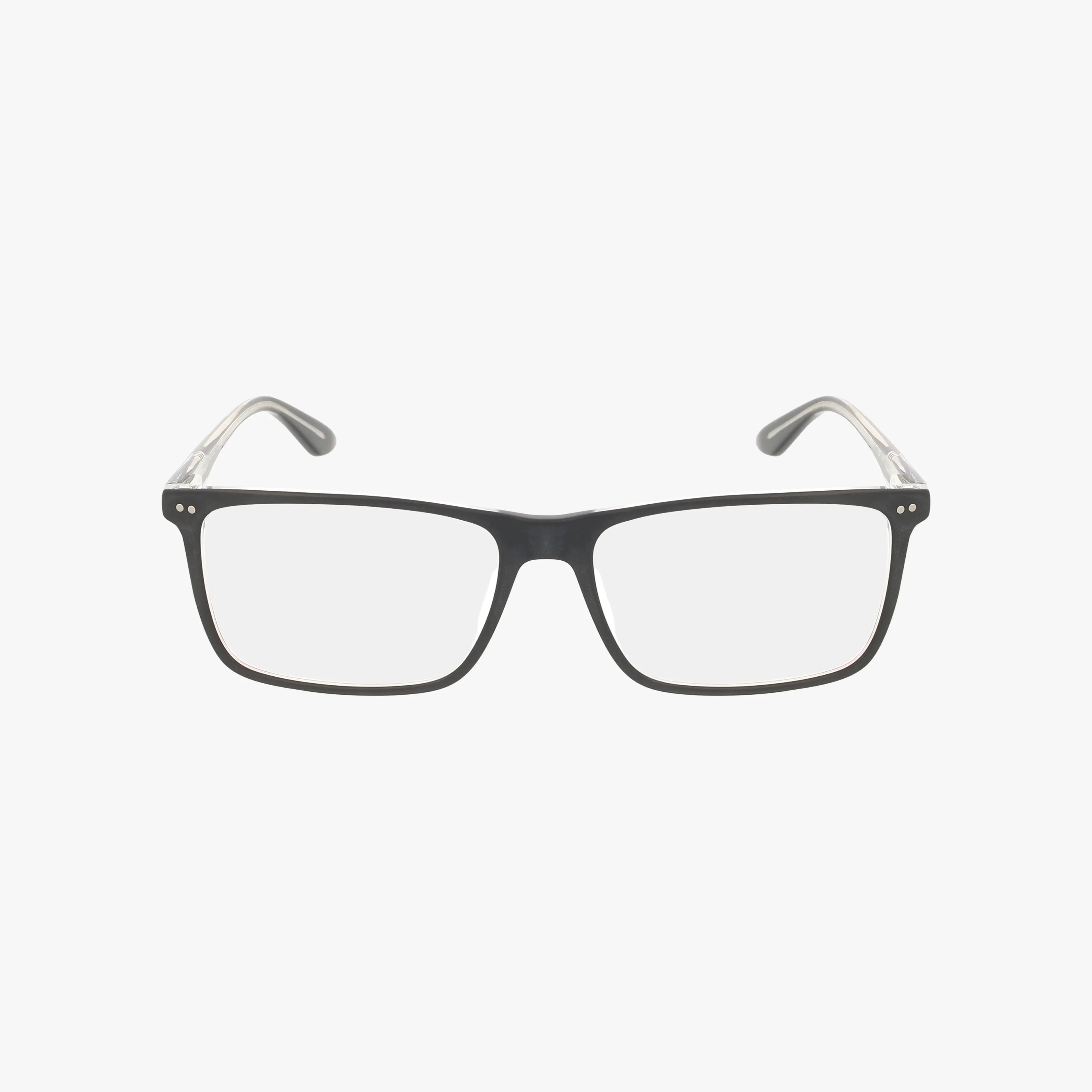 The PU0130O features black rectangular eyeglasses with a unique frame, clear lenses, and slightly curved arms, shown on a white background.