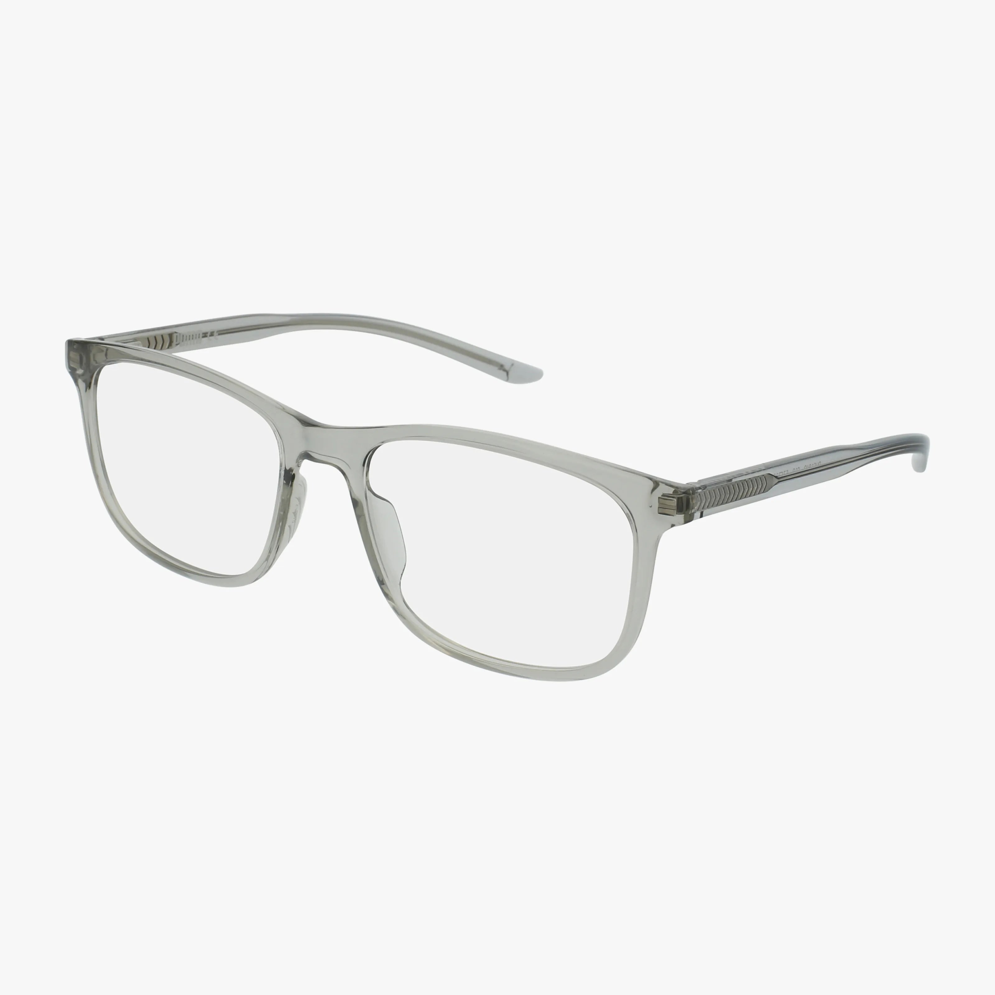 The PU0184O eyeglasses showcase translucent gray rectangular lenses, a lightweight frame, and gently curved arms—ideal modern eyewear for style and comfort, displayed on a white background.