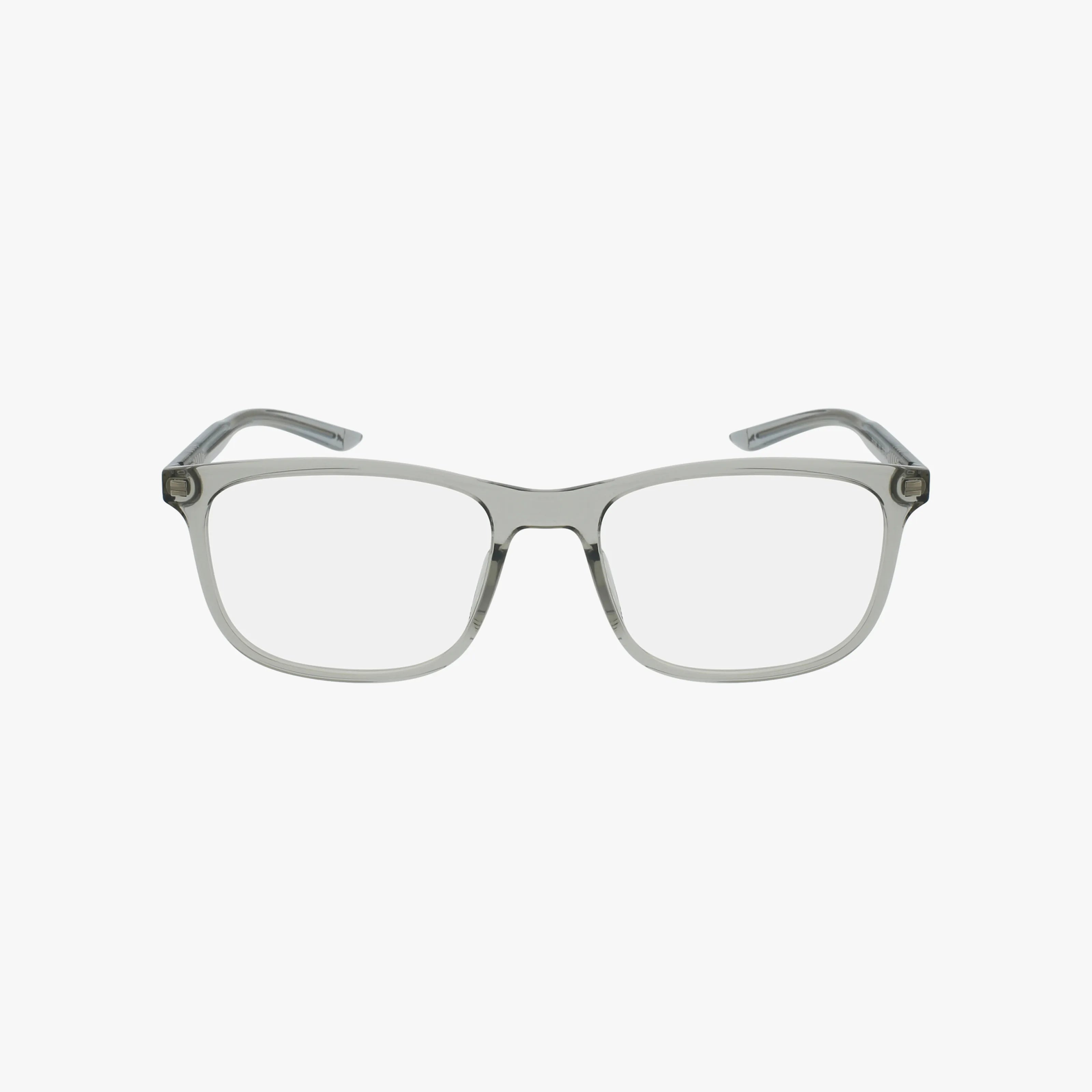The PU0184O features rectangular, transparent gray frames with clear lenses and a lightweight design, shown on a white background—ideal for anyone shopping modern eyeglasses online.
