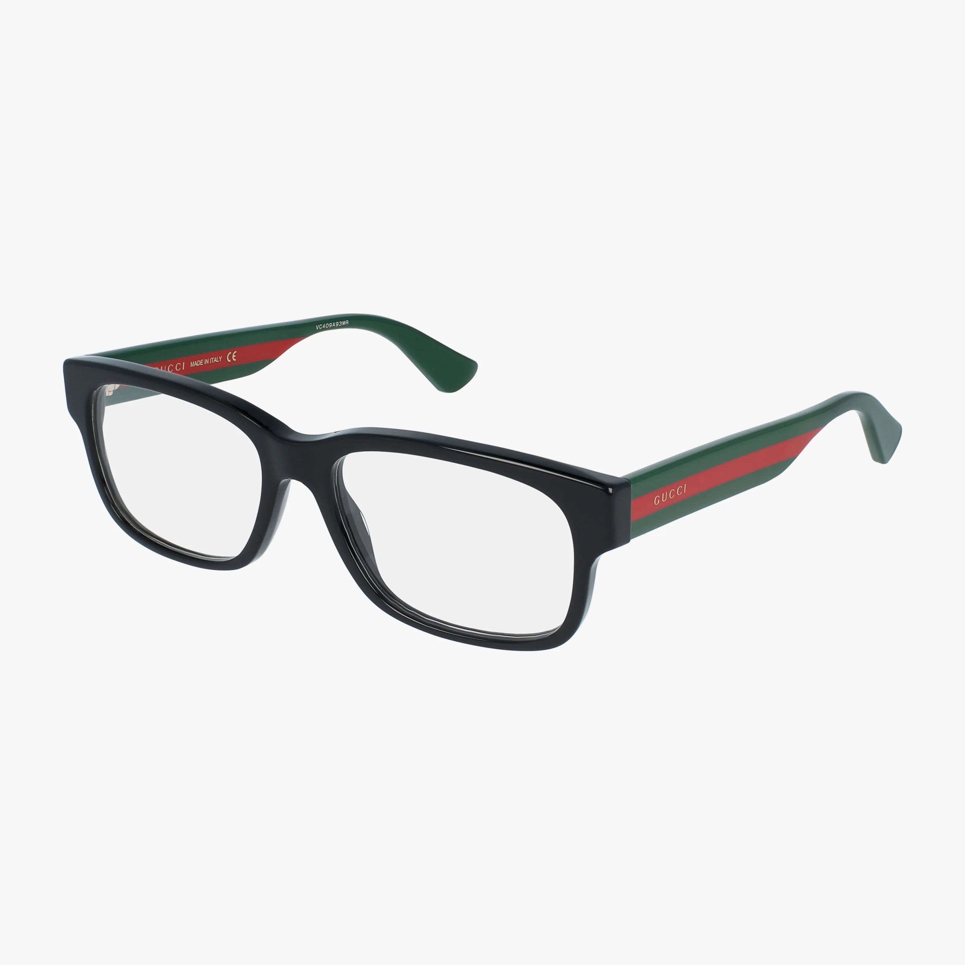 GG0343O black frame glasses with green arms, accented by a red stripe and Gucci logo on the side. A standout from Gucci eyewear, shown on a white background.