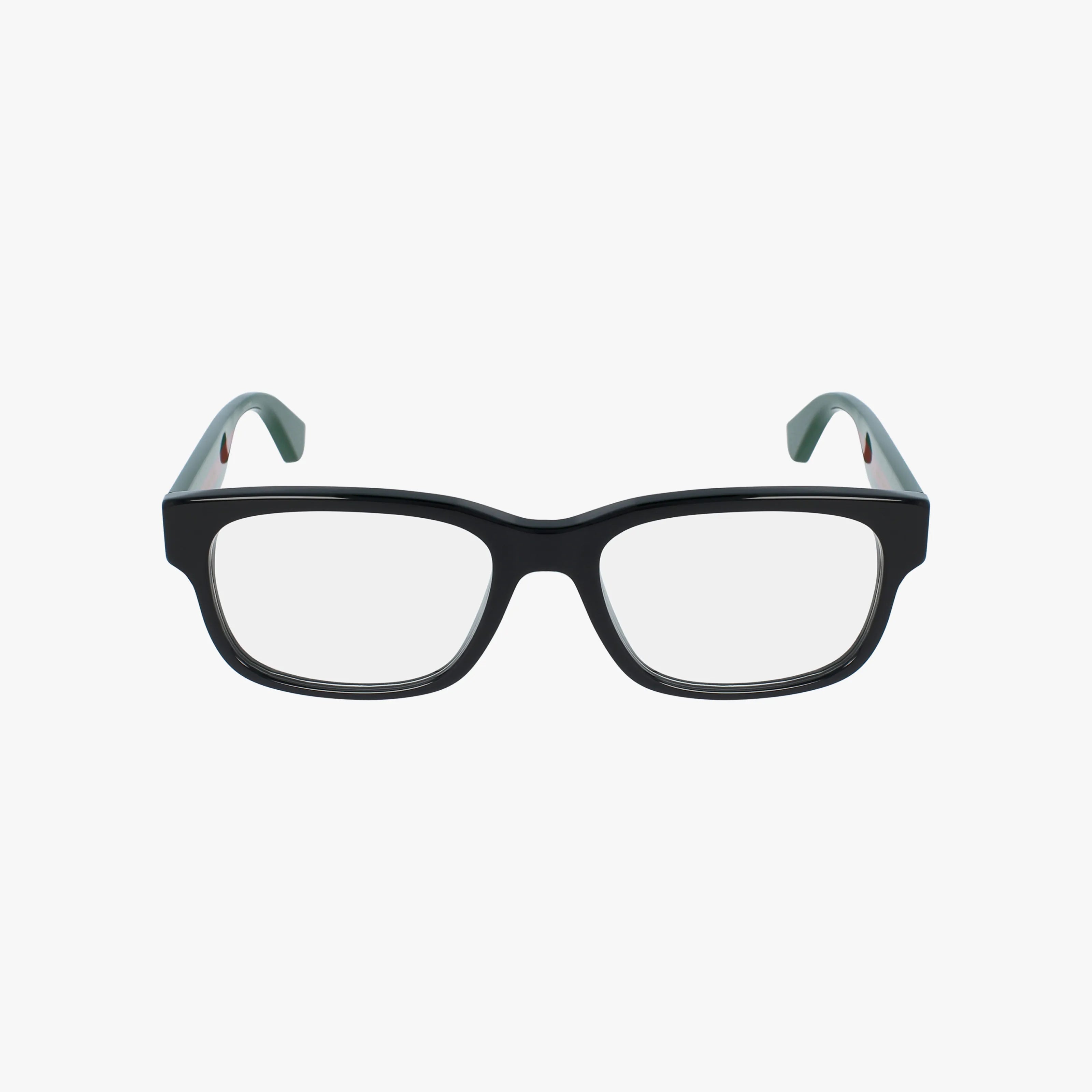 The GG0343O features black frames, clear lenses, and light blue inner temple arms on a white background—ideal for those desiring stylish Gucci eyewear that may qualify for vision insurance coverage.