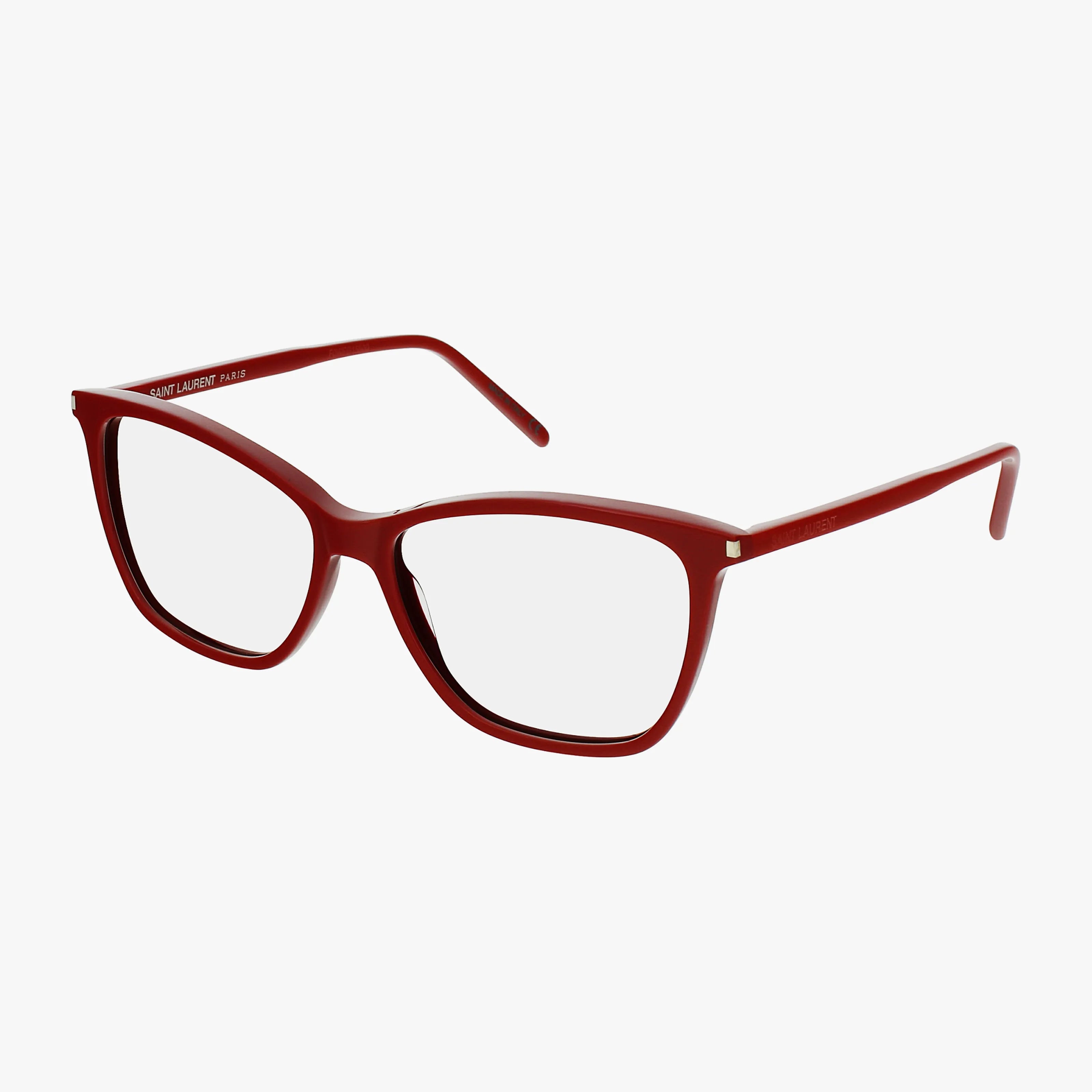 The SL 259 by Saint Laurent features a red rectangular full-rim frame with clear lenses, slightly angled right on a white background. The straight arms curve subtly at the ends, providing a stylish and lightweight eyewear option.