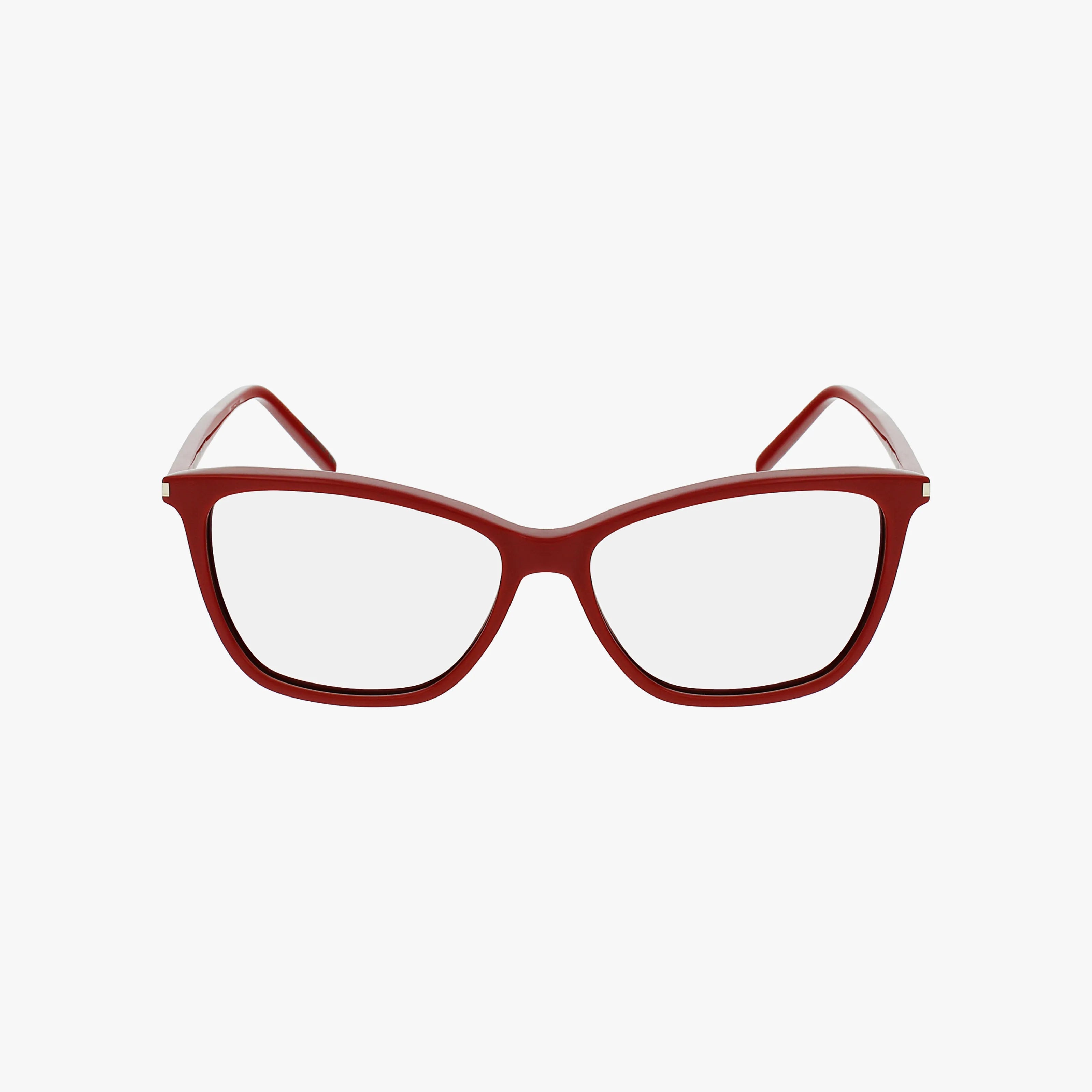Red cat-eye eyeglasses with clear lenses, showcased on a white background. The SL 259 offers a chic design and lightweight comfort, making it a standout choice for stylish eyewear lovers.