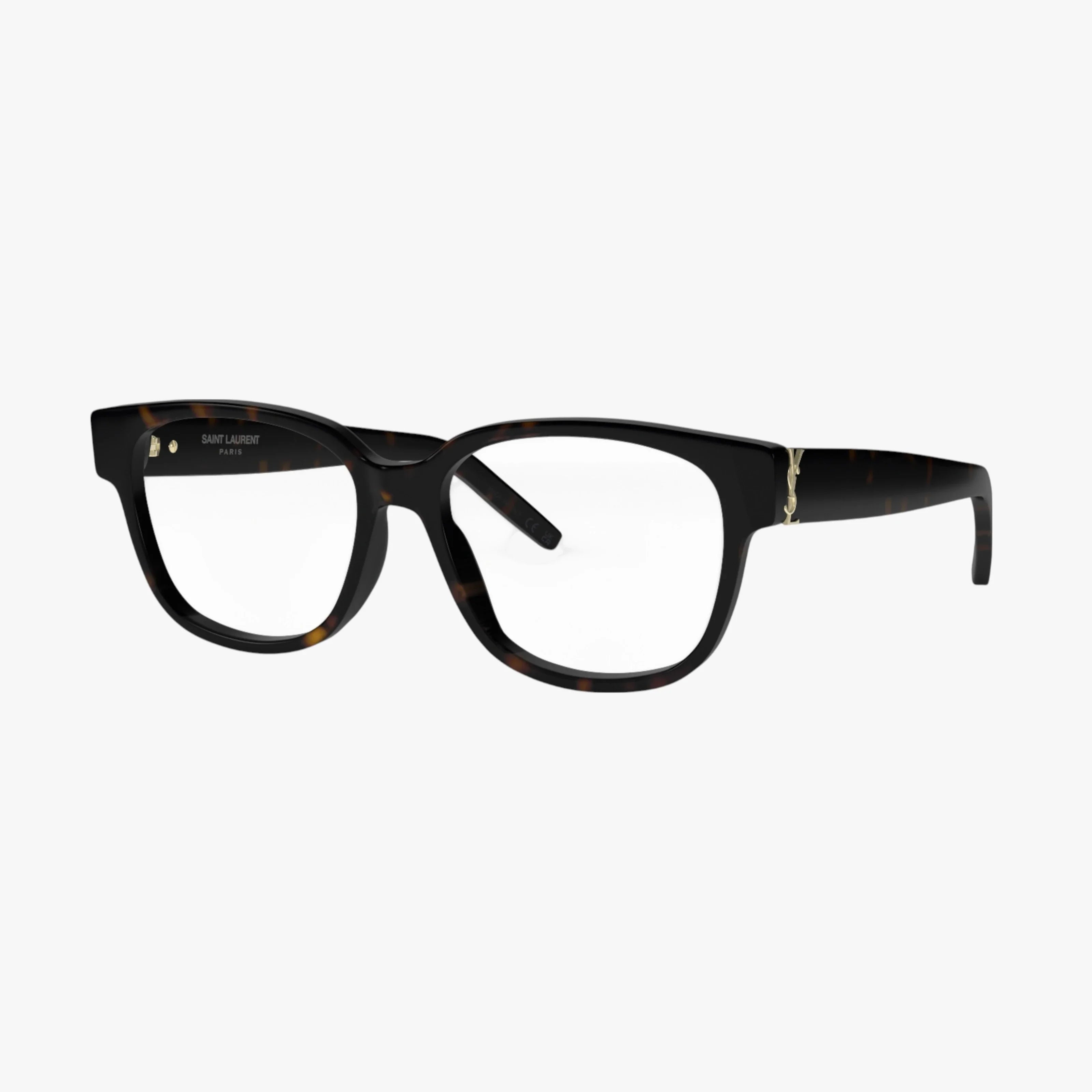 The SL M33/F eyewear features black tortoiseshell rectangular lenses, thick frames, and a gold Saint Laurent logo on the temple.