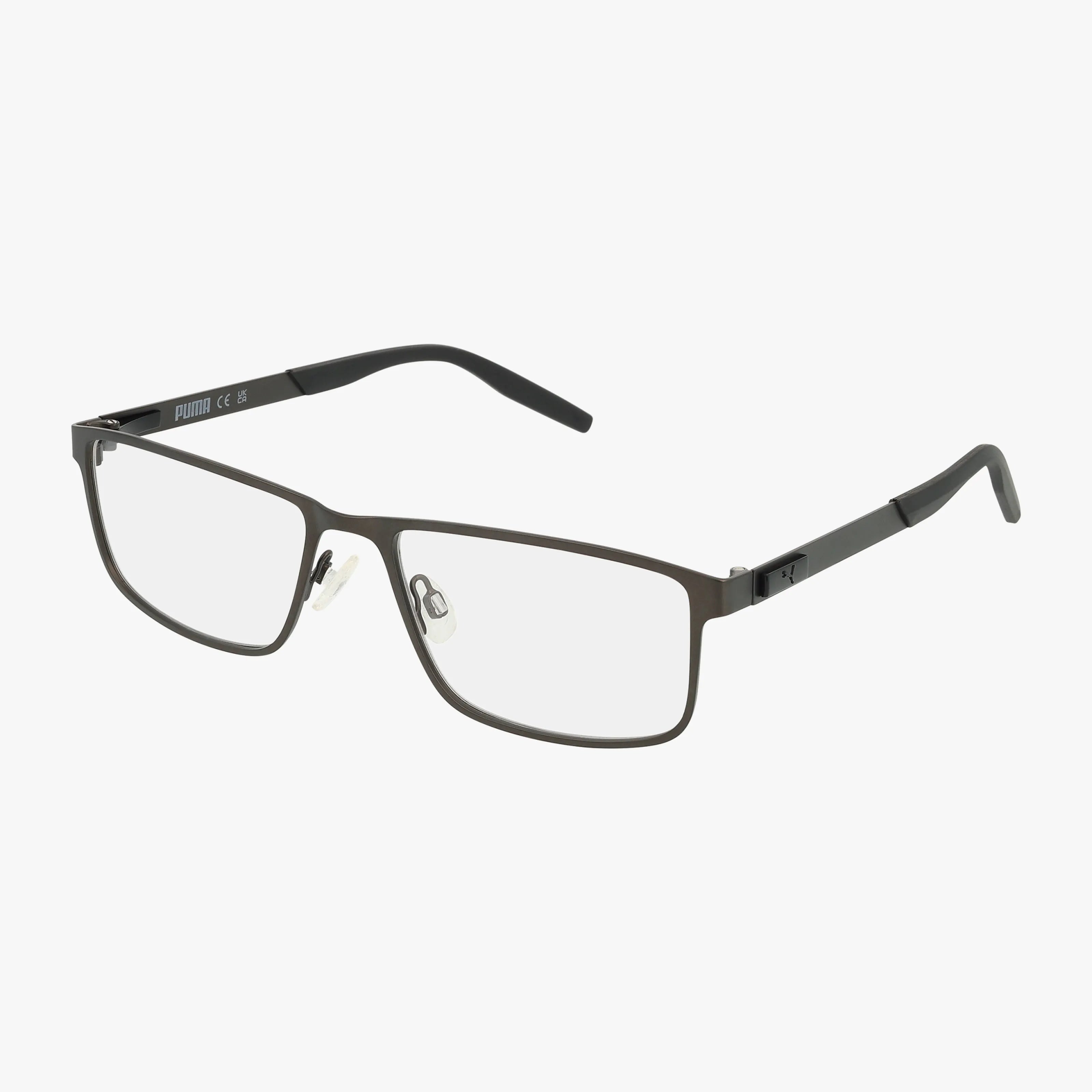 The PU0256O features rectangular black frames with clear, blue light lenses, adjustable nose pads, and slim arms for a lightweight yet durable design, displayed on a white background.