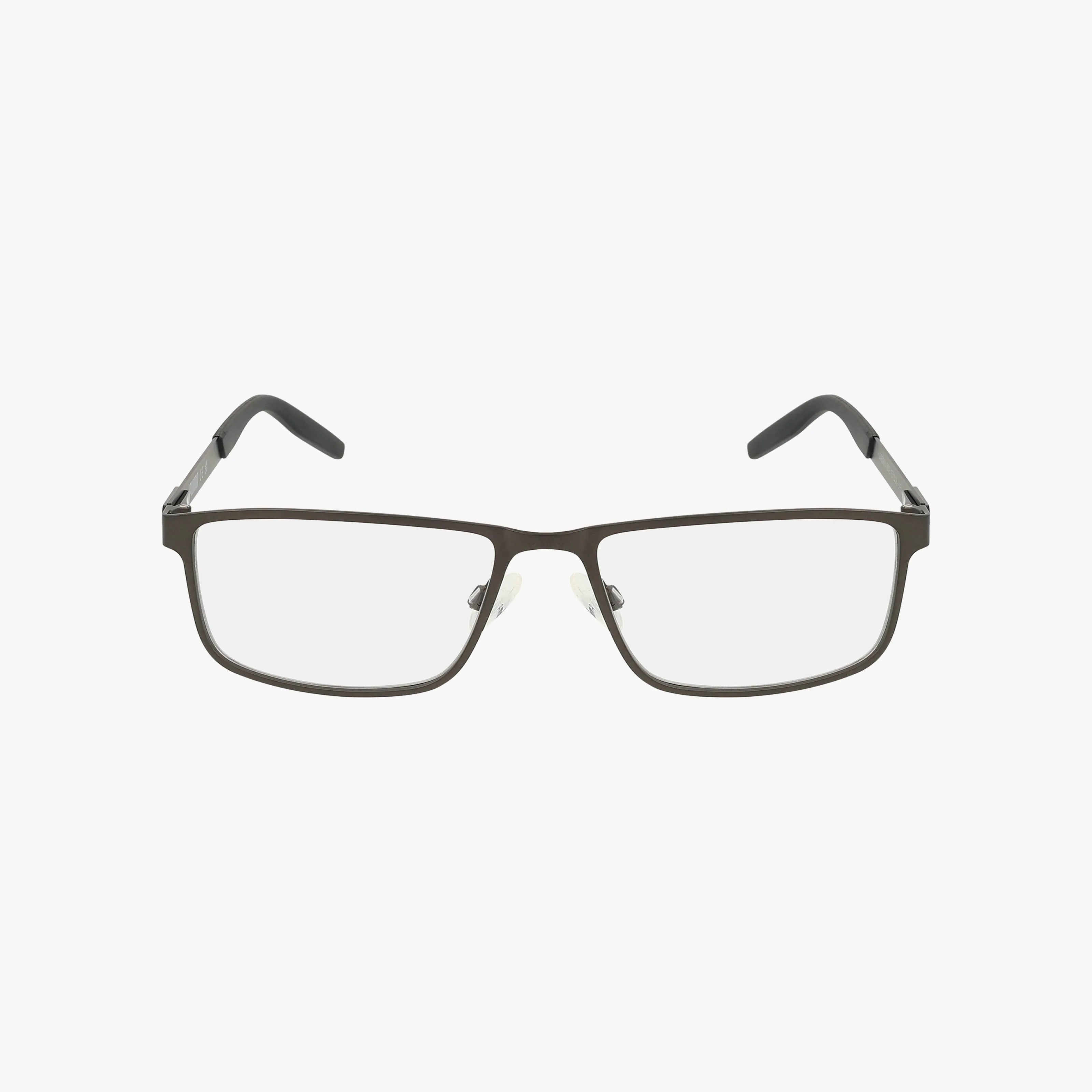 The PU0256O features rectangular eyeglasses with thin, dark metal frames and clear lenses, offering durability and style, displayed against a plain white background.