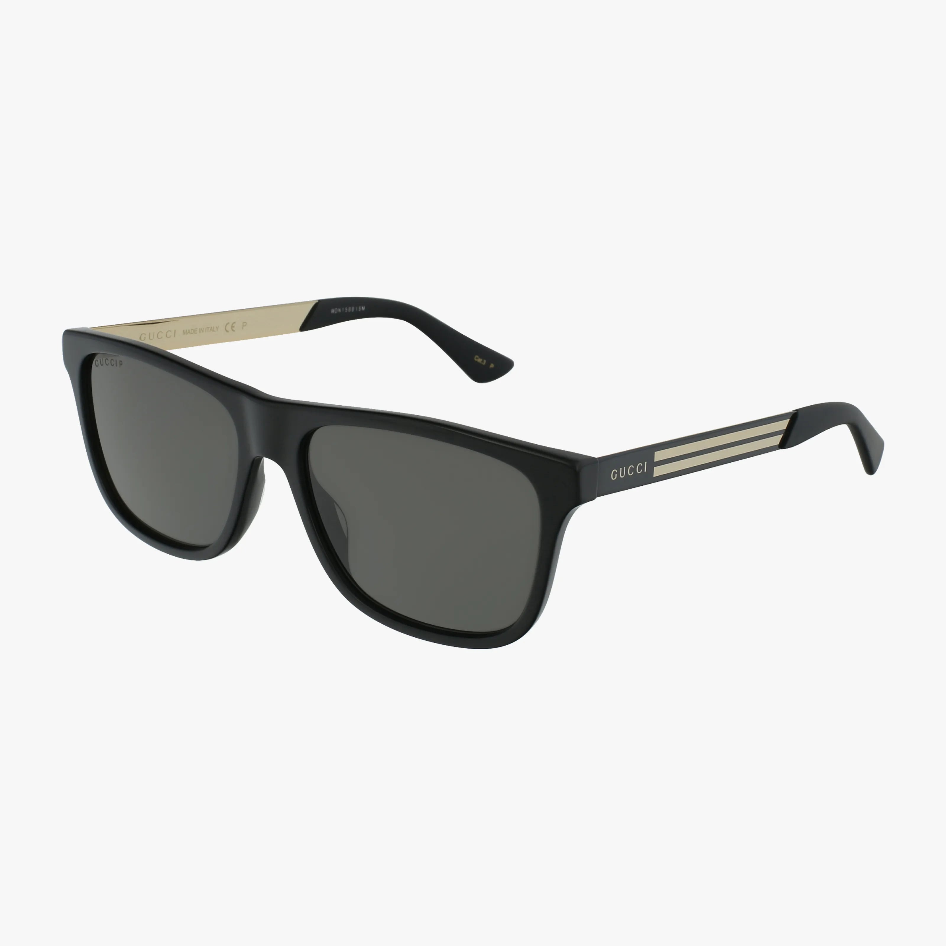 The GG0687S sunglasses from Gucci feature black rectangular frames, dark lenses, and gold arms with three stripes and the Gucci logo—classic style and eye protection shown against a white backdrop.