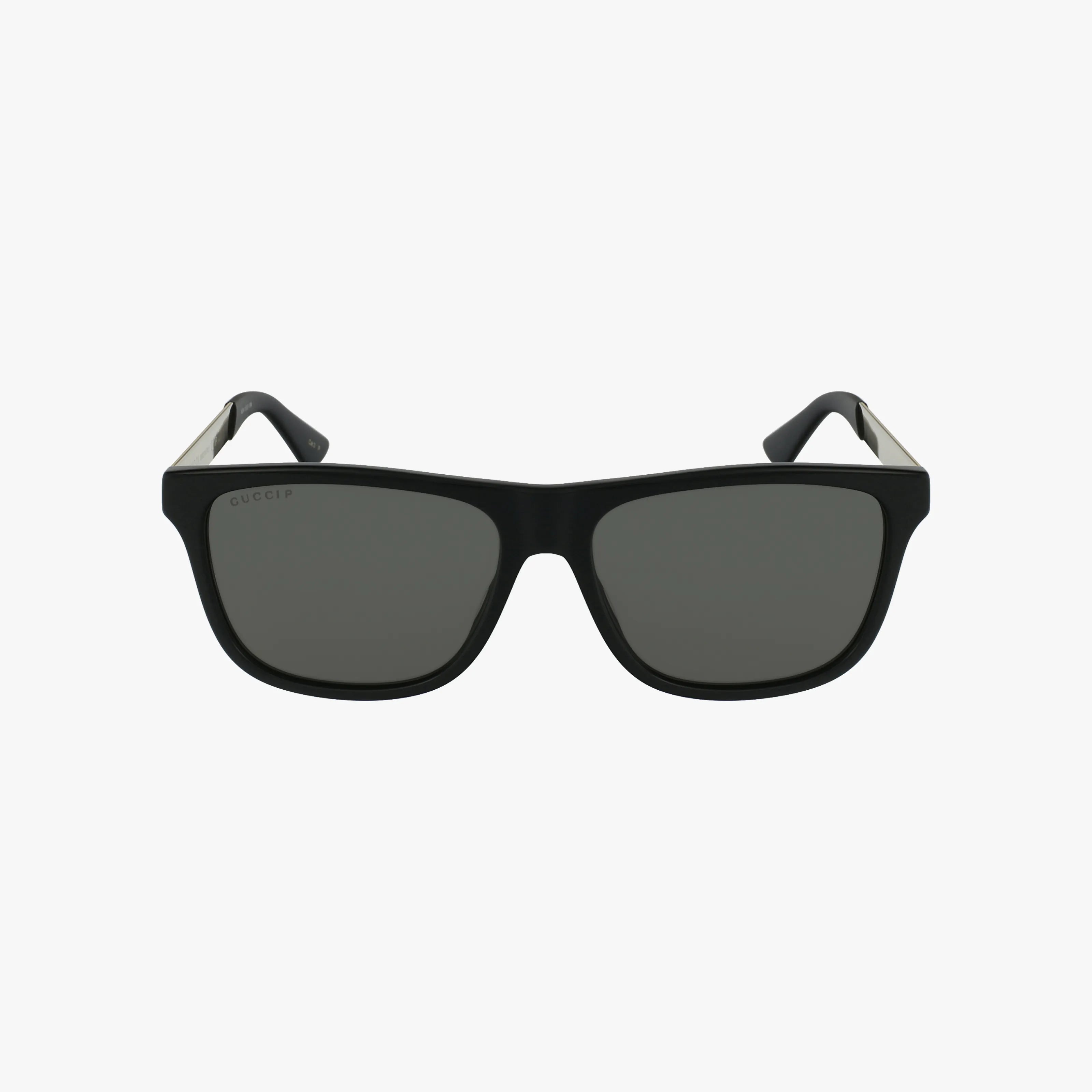 Front view of GG0687S classic black rectangular sunglasses with dark lenses against a white background, combining timeless style and vision benefits.